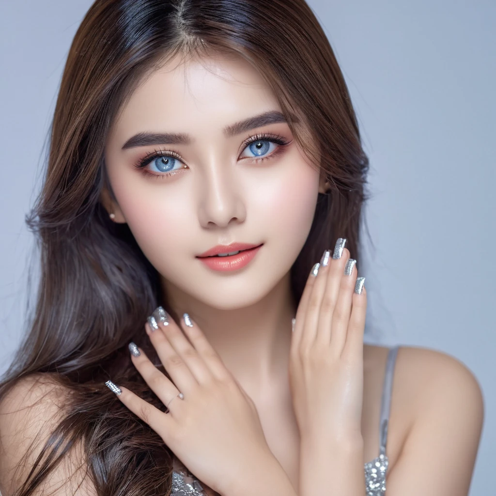 ((masterpiece, top quality, super definition, high definition)), solo, beautiful girl, shining eyes, perfect eyes, 18 years old, fingers of the hand five, silver theme,