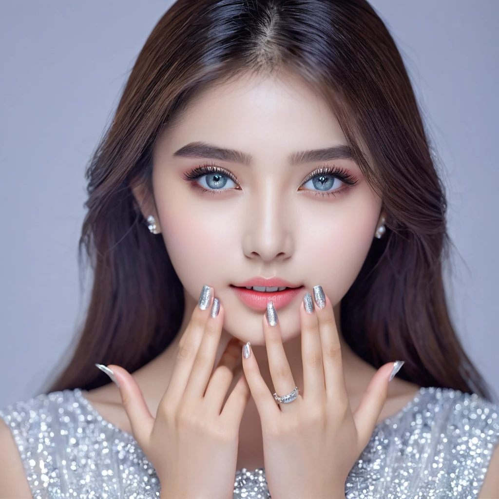 ((masterpiece, top quality, super definition, high definition)), solo, beautiful girl, shining eyes, perfect eyes, 18 years old, fingers of the hand five, silver theme,
