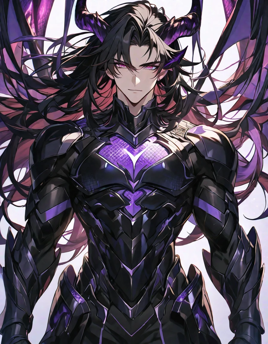 One, handsome, 1 man, with a sporty body, V-shaped body, black detailed armor with glowing purple details, black demonic horns, long hair, black hair, purple with red tones of dragon eyes, purple threads, black light