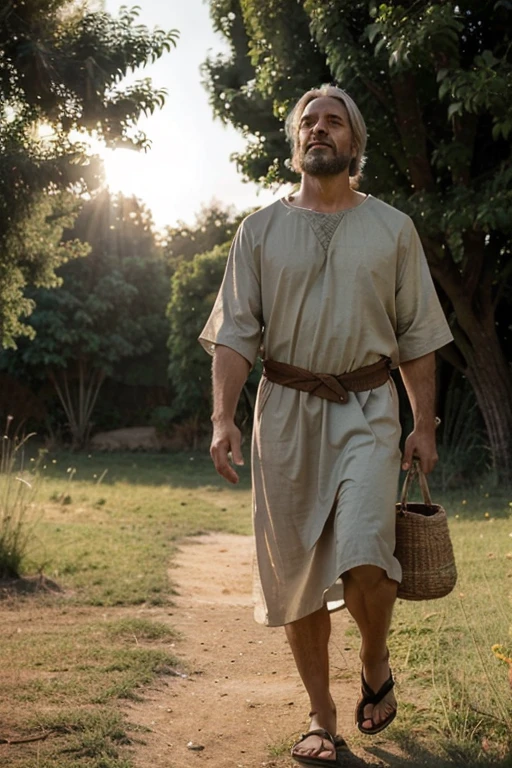 Enoch:
Physical Description: Enoch is often imagined as a middle-aged man with an athletic build and a serene, wise expression. He has graying hair and beard, wearing a simple tunic and sandals, representing his pious and dedicated life.
Scene: Enoch walking in a green field at sunset, surrounded by a soft light. Suddenly, a bright light descends from the sky and envelops Enoch, who looks up with an expression of peace and joy before disappearing into the celestial light.