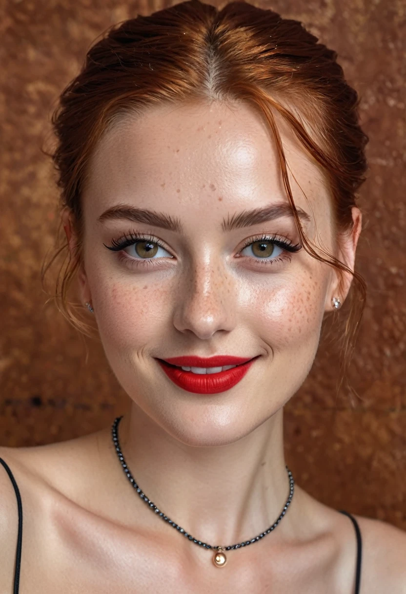 hyperrealistic beautiful busty 20-year-old woman with long legs nude, model shooting full body photography, natural redhead classic bun, freckles, soaky wet skin, dark eye makeup with eyeliner, seductive smile, red lips, small necklace, 8K, Best quality, Meisterwerk, ultra high resolution, (Realismus: 1.4), Originalfoto, (realistische Hautstruktur: 1.3), (Filmkorn: 1.3), (Selfie-Winkel), 1 girl, Beautiful round hazel eyes and facial details, Meisterwerk, Best quality, indoor photography in front of a shiny leather wall, nsfw
