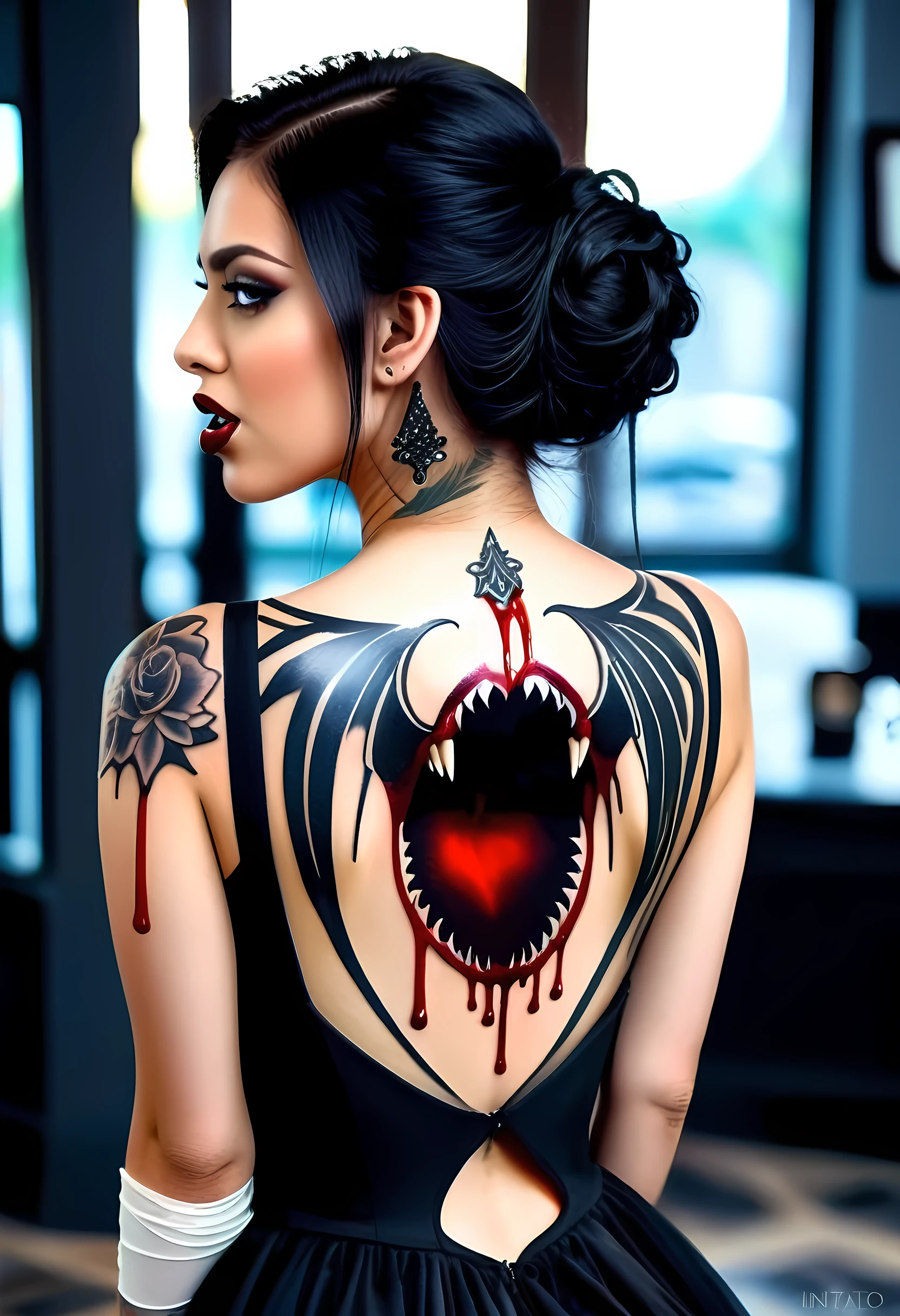Arafed, Dark fantasy art, fantasy art, goth art, a picture of a ((tattoo: 1.5)) on the back of a female vampire, ((a fanged mouth dripping blood tattoo: 1.5)) (intricate details, best quality, masterpiece: 1.5), on the back of the vampire, the tattoo is vivid, intricate detailed coming to life from the ink to real life, shot taken from the back,  ((the back is visible: 1.3), she wears a transparent black dress, bare back, the dress is elegant, flowing, gothic style dress, dynamic hair color, dynamic hair style,