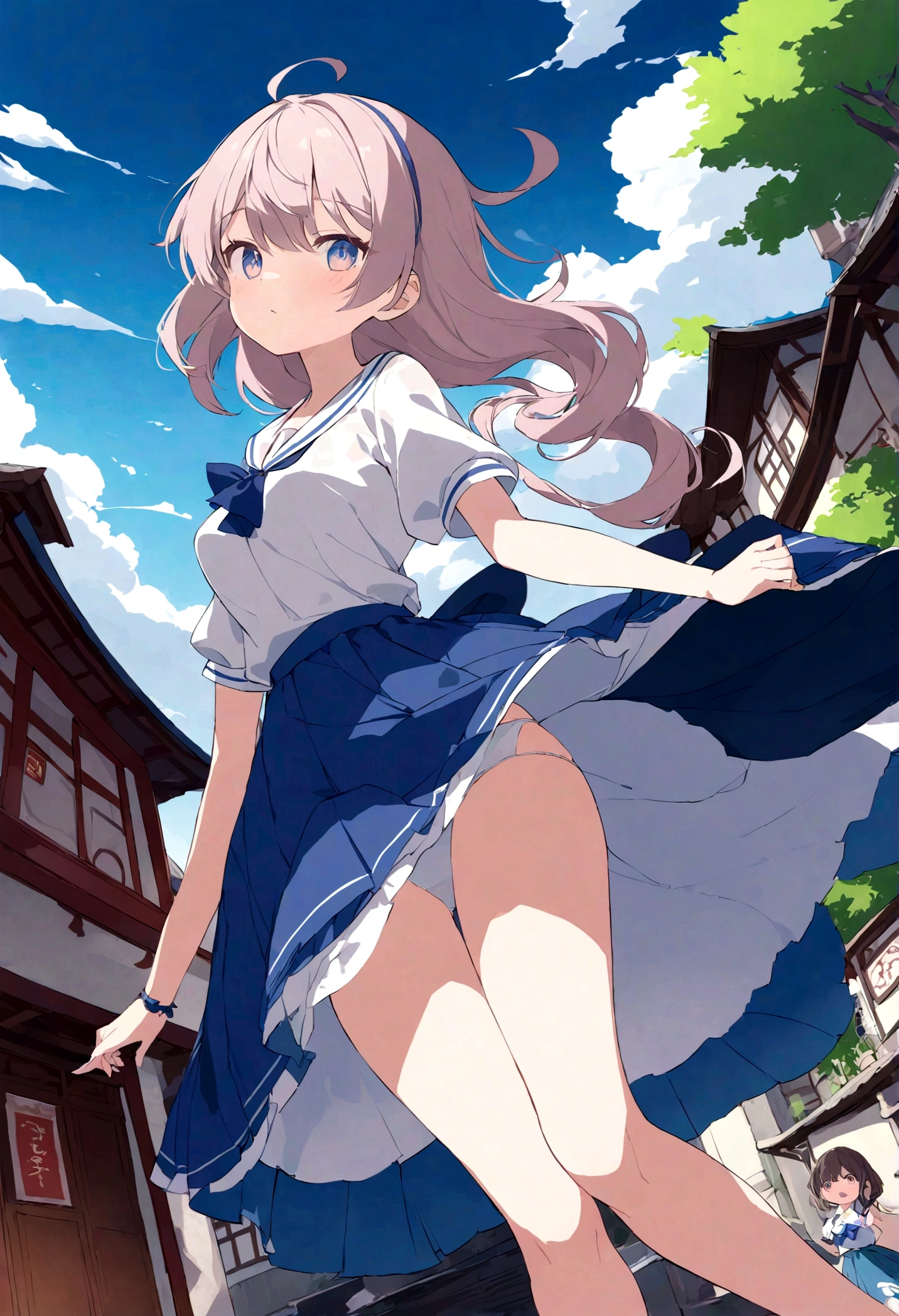 The strong wind is showing her white cotton panties、The strong wind is showing her white cotton panties、Kyoko Otonashi Maison Ikkoku Low Angle、Long skirt、強風でHolding the flipping skirt with your hand、The strong wind is showing her white cotton panties、:((Holding the flipping skirt with your hand))