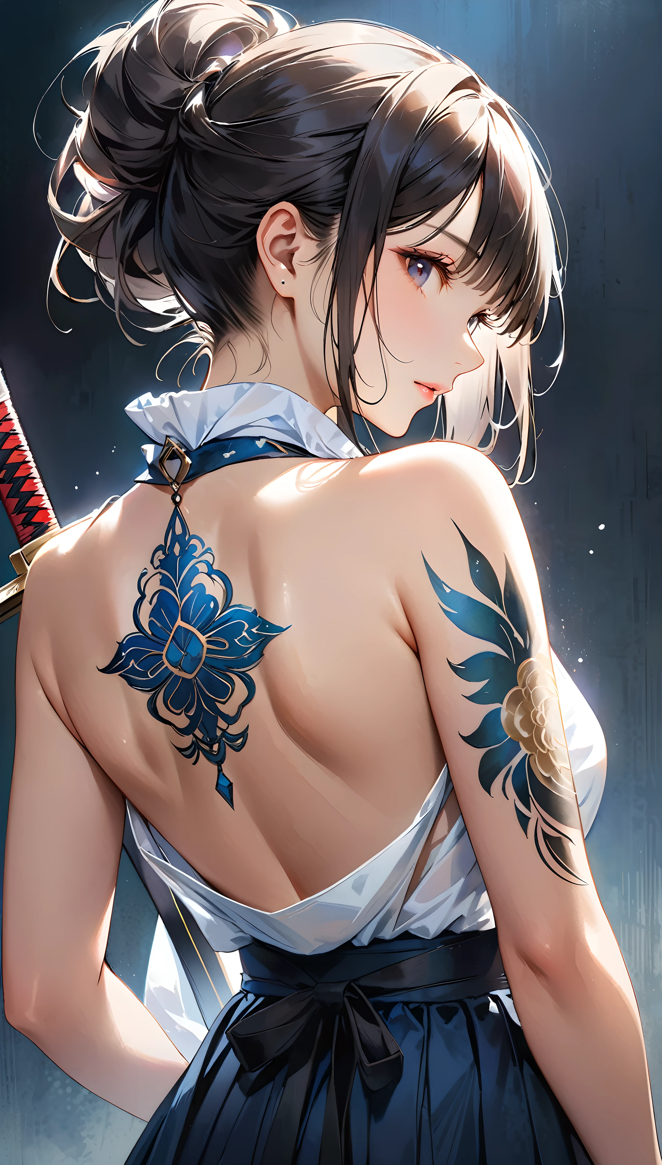 ((Back Tattoos)), Japan Female Swordsman, stand with your back turned, Topless, Wearing hakama, (Wearing an open-backed bib:1.3), With a sword in hand, Close-up of the back, SFW, Tattoo with a god and Buddha motif across the entire back, ((Extremely detailed and intricate pattern)), BREAK Highly transparent and murky Japanese-style watercolor tattoo, Delicate and precise brushwork, ((A tattoo in the center of the back that represents strength and mercy)), Realistic and captivating depictions, BREAK Detailed and attractive skin texture, Feminine body shape, Captivating nape, (Wearing an open-backed bib:1.3), JapanWith a sword in hand, Sharp, BREAK A dark background that makes the subject stand out, Dramatic lighting, Upper body rear shot, BREAK Detailed and precise brushwork, Aesthetics that are too delicate, Very absurd, Powerful expression that captivates the audience, highest quality, Highest Resolution, 16k, 