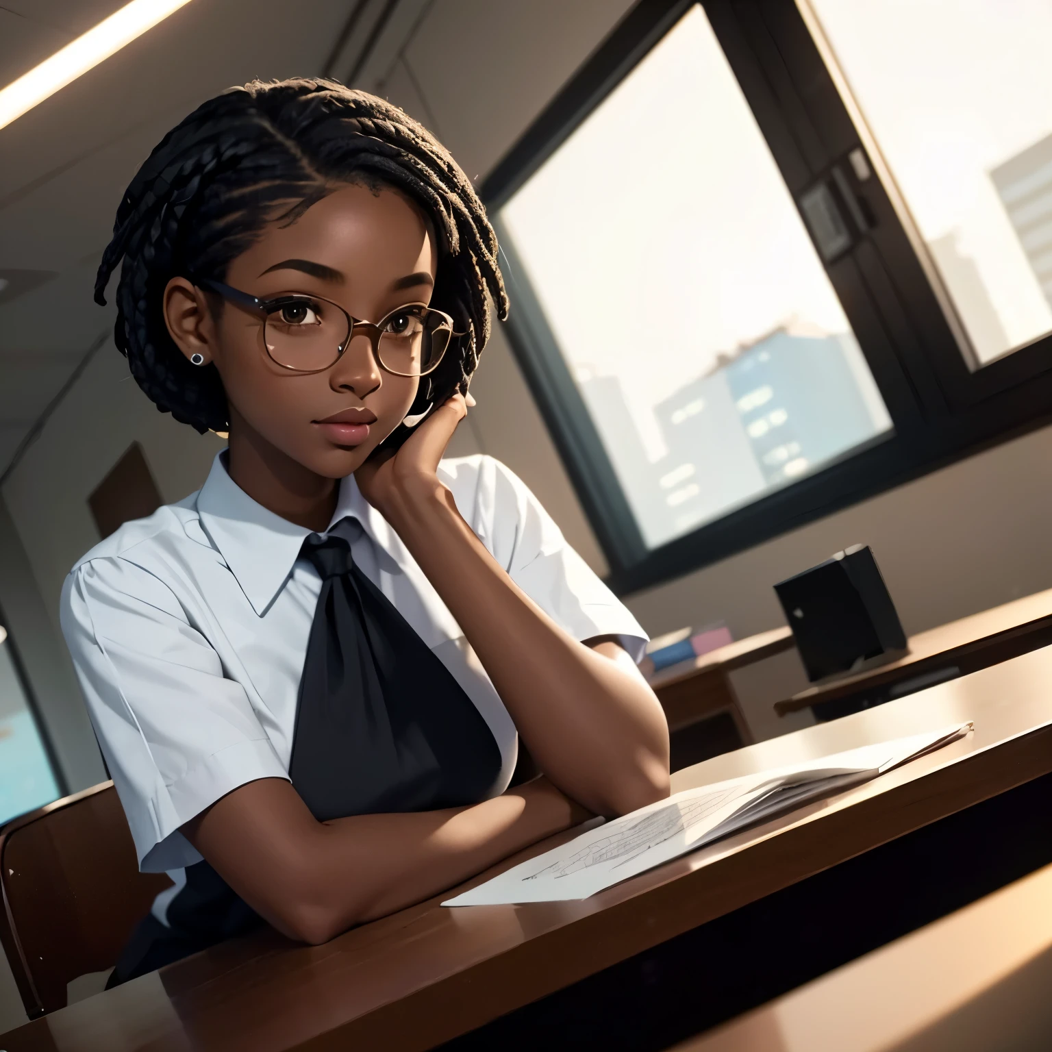 (masterpiece, best quality), deep ebony 1girl, beautiful face, short braids, office setting, dressed like a receptionists , beautify, Lofi vibe, cute night vibe, concentrated, sitting, city wear, book over the table, hands outside of the picture,
