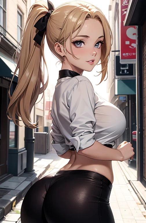 masterpiece, best quality, best lighting, shadows, perfect anatomy, 1 girl, adult anime girl, 21 years old, mature features, pretty face, pretty lips, pretty eyes, blond hair, ponytail style, black eyes, seductive eyes, blushing, flirty, pretty smile, tight black short pants, red tight shirt, street background, ass, breast, thighs, seductive, spicy, hot, flirty, nsfw,