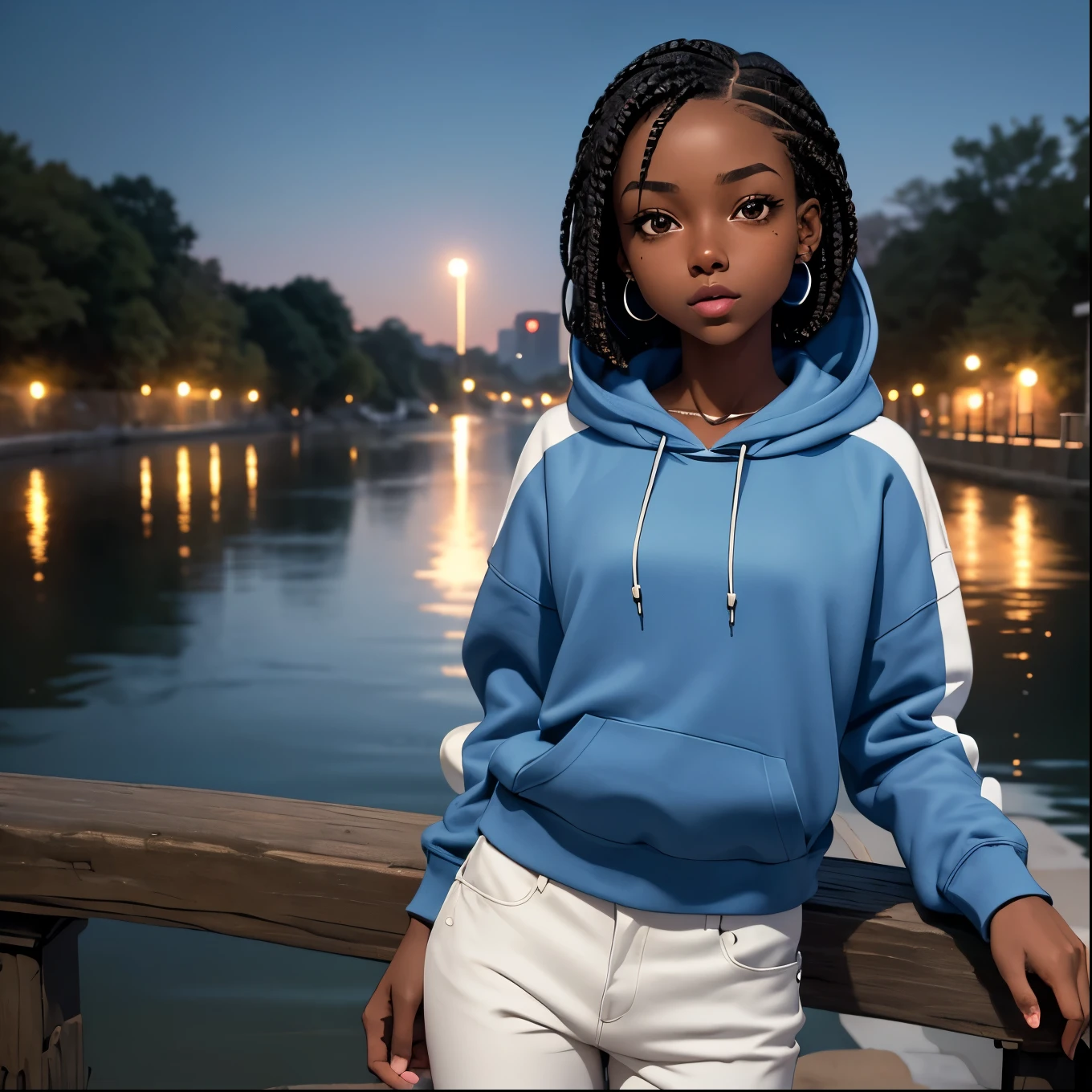 (masterpiece, best quality), deep ebony 1girl, beautiful face, short braids, river background, , nature background, cute, street clothing, beautify, Lofi vibe, cute night vibe, concentrated, hands outside of the picture, wearing a hoodie, light blue hoodie and white trousers, bodies has no zippers, night sky, looking cool, round pearl earrings