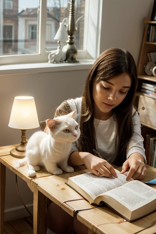 a cute 3d white cat comforting a cute girl with long hair, the girl lying on a table with books around it, a small lamp near the window
