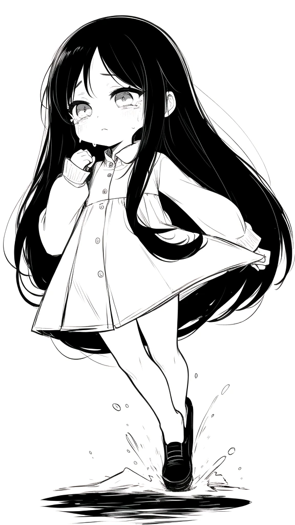 best quality, chibi, 1 girl,Long black hair,(full body), Pure white background,Vivid,clearly,sad face,rain,Walking,snow,Are crying,shout,I have a letter