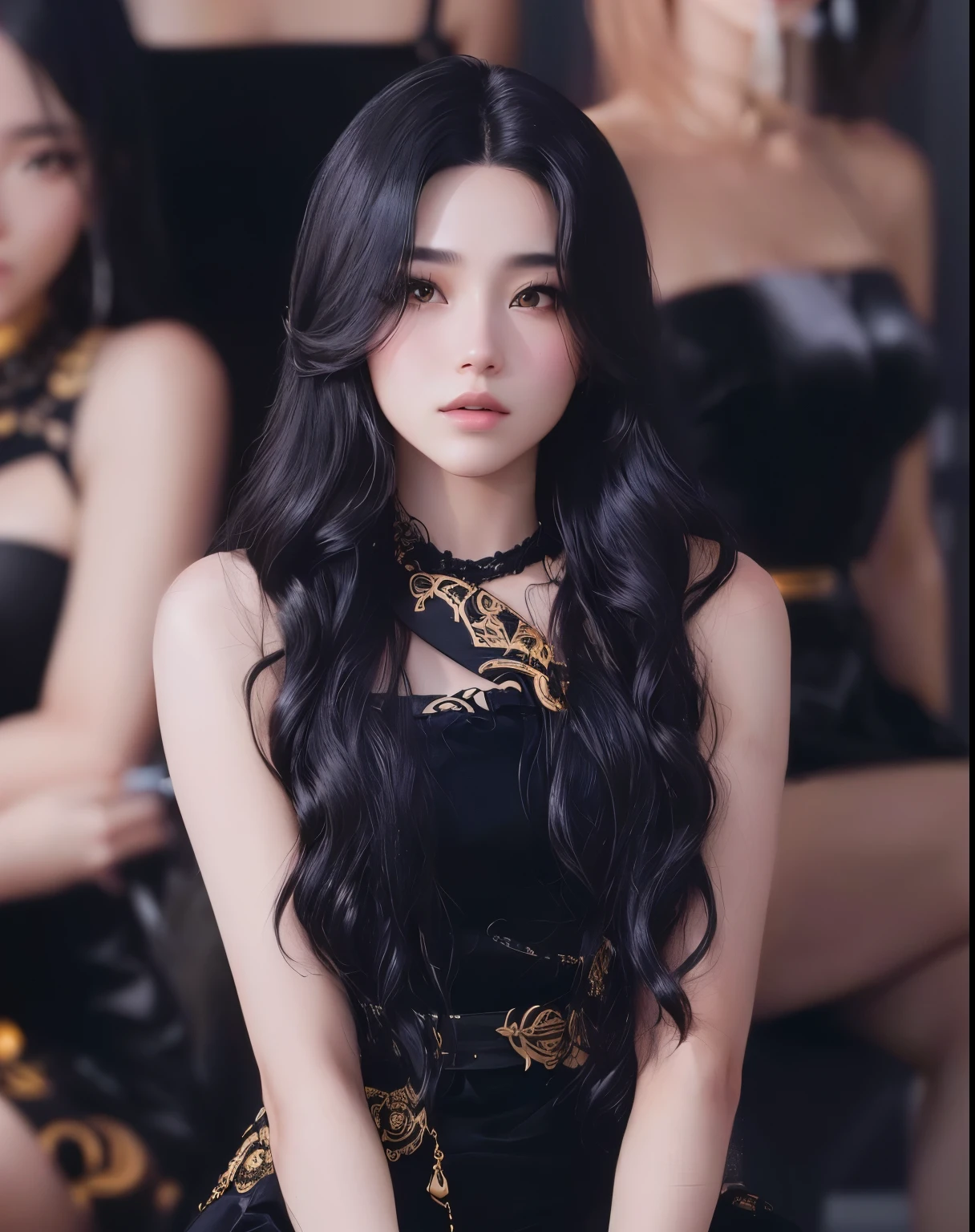 a close up of a woman with pelo largo y negro and a black dress, pelo negro largo ondulado, wavy pelo largo y negro, pelo largo y negro ondulado, with pelo largo y negro, con cabello largo, con el pelo largo y oscuro, pelo largo negro, dilraba dilmurat, pelo largo y negro, jisoo de blackpink, cabello negro suelto, pelo negro largo y fino