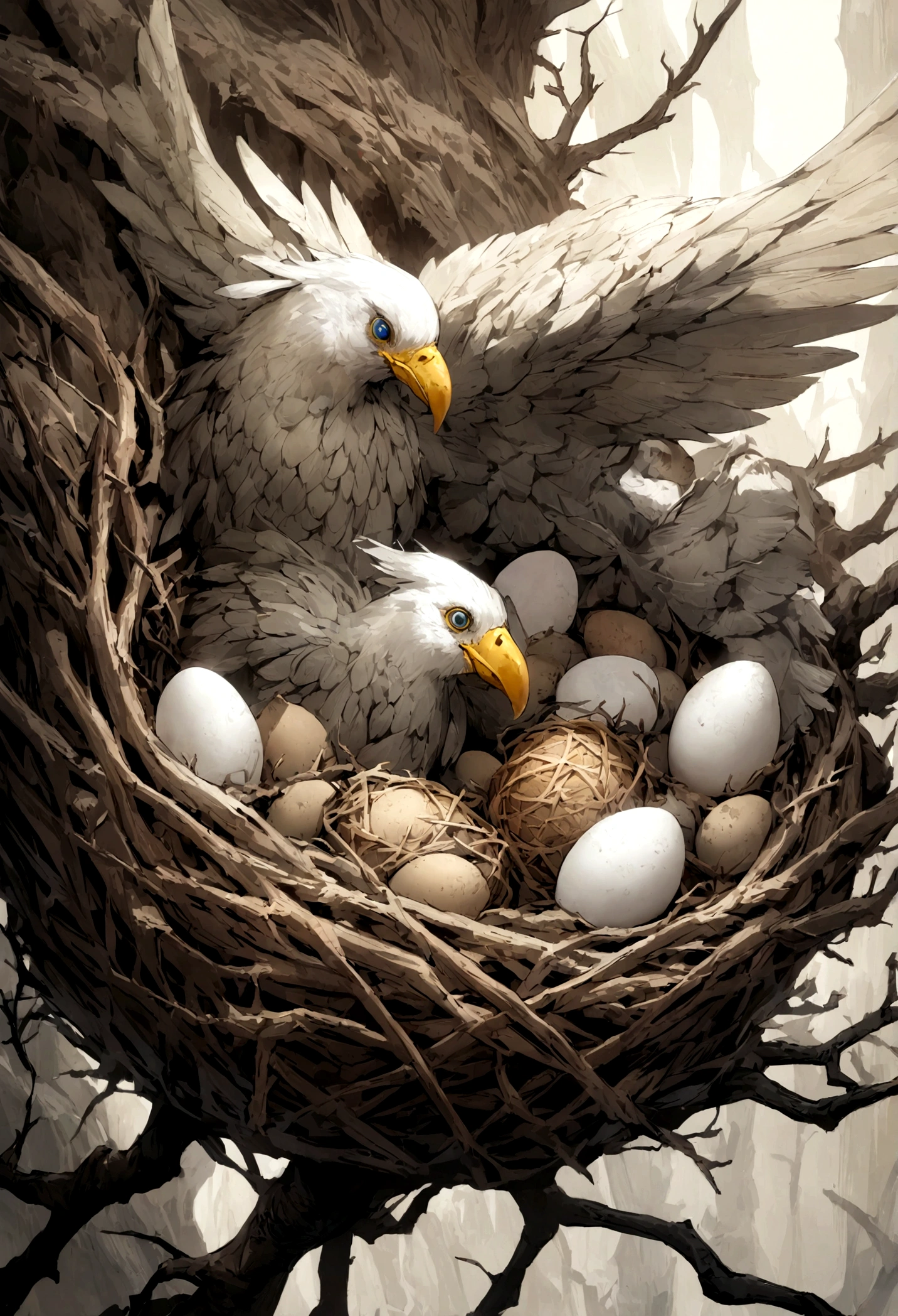 Muscular bird father with bird mom in the nest with eggs
