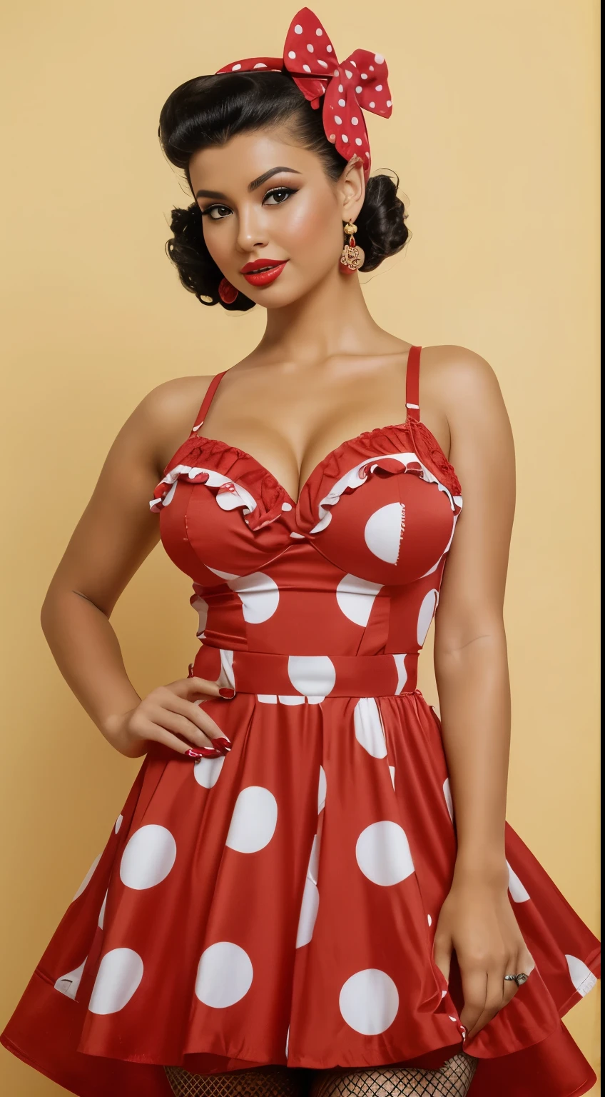 Photo with a beautiful dark tan, sexual and emotional, она перувьянка Cintya Añaños. She has black curly hair, creating a mysterious and sexy image. Model dressed in pin-up style with hair styled "victory rolls" and curly bangs. Her plump red lips make her look sexy. She has average breast size. She portrays a pin-up model, posing in various sexual positions. Against a white background, she appears in a red retro dress with large polka dots with a fluffy, voluminous ballerina skirt. She has a red bandana on her head, and on his feet - red stockings. The photo is made in pin-up style, emphasizing the retro-USA vibe. Her lips are folded into a bow, she blows a kiss, adding a special charm to photos. Peru from Peru