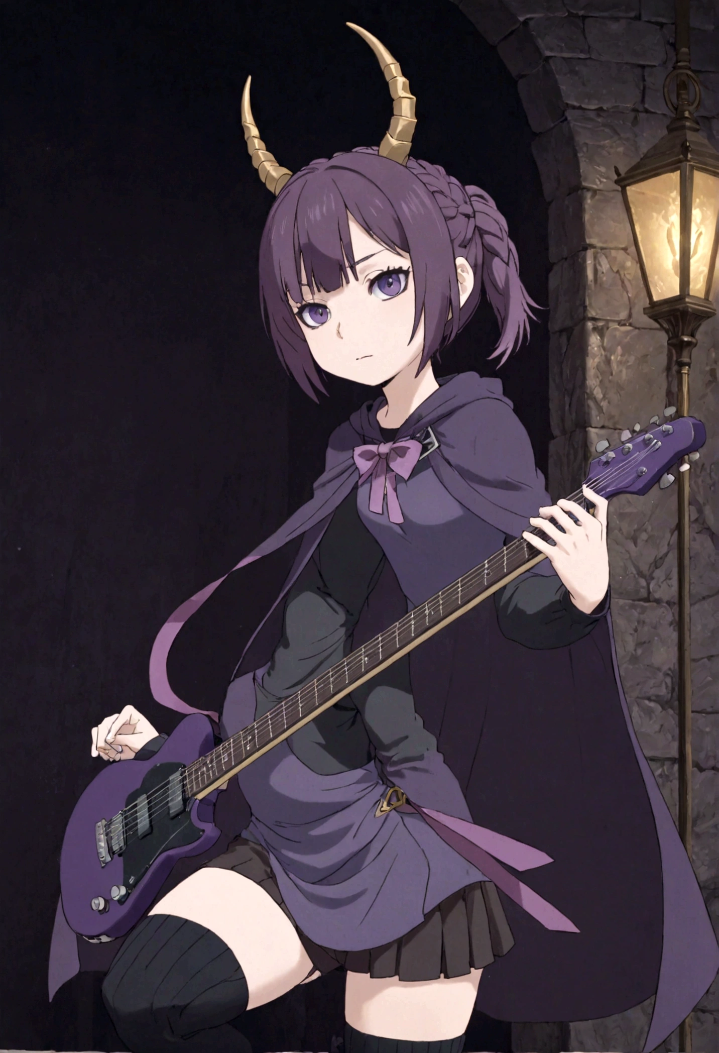 boy with a dark purple electric guitar with gold edging. dark purple hair braided into a ponytail on the left side. sinuous black horns wrapped in dark purple ribbon. pale violet eyes. in short dark purple shorts. long white T-shirt. dark purple knee-high socks. white long cloak with a hood on the inside, dark purple mantle with gold ornaments. stone walls in the depths of the black limit, violet light falls from above from the lamps above the golden gates