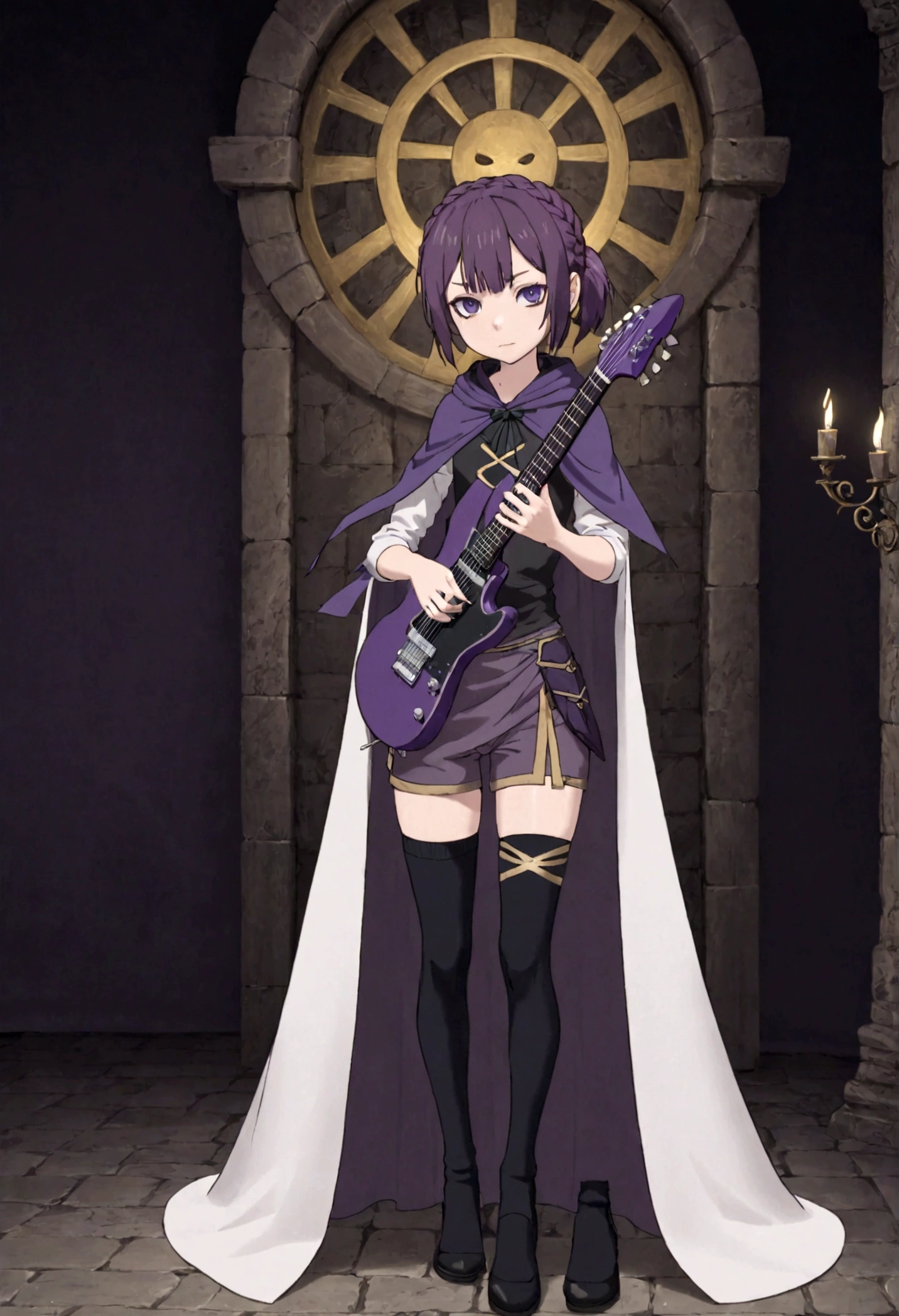 boy with a dark purple electric guitar with gold edging. dark purple hair braided into a ponytail on the left side. sinuous black horns wrapped in dark purple ribbon. pale violet eyes. in short dark purple shorts. long white T-shirt. dark purple knee-high socks. white long cloak with a hood on the inside, dark purple mantle with gold ornaments. stone walls in the depths of the black limit, violet light falls from above from the lamps above the golden gates