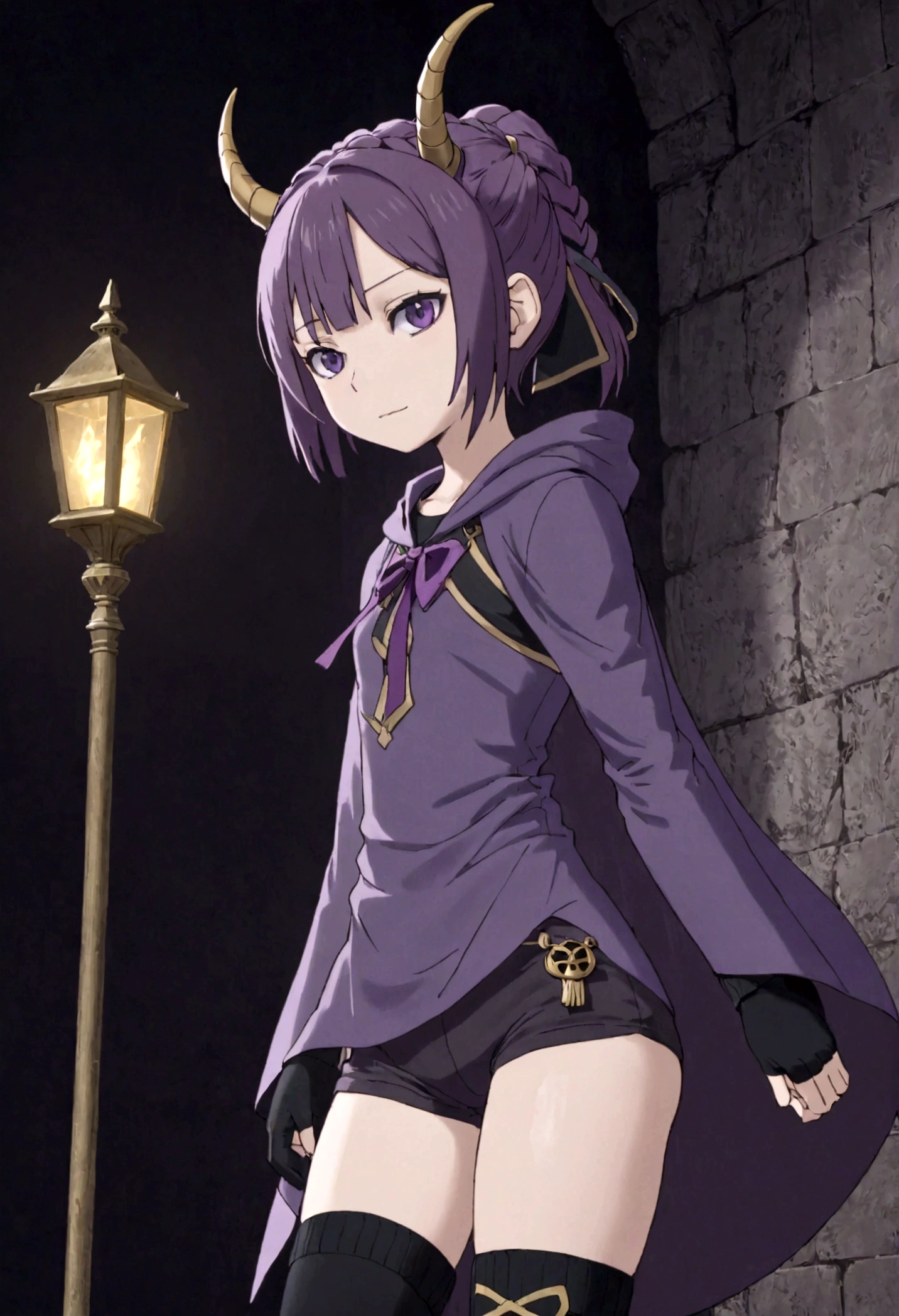 boy with a dark purple electric guitar with gold edging. dark purple hair braided into a ponytail on the left side. sinuous black horns wrapped in dark purple ribbon. pale violet eyes. in short dark purple shorts. long white T-shirt. dark purple knee-high socks. white long cloak with a hood on the inside, dark purple mantle with gold ornaments. stone walls in the depths of the black limit, violet light falls from above from the lamps above the golden gates