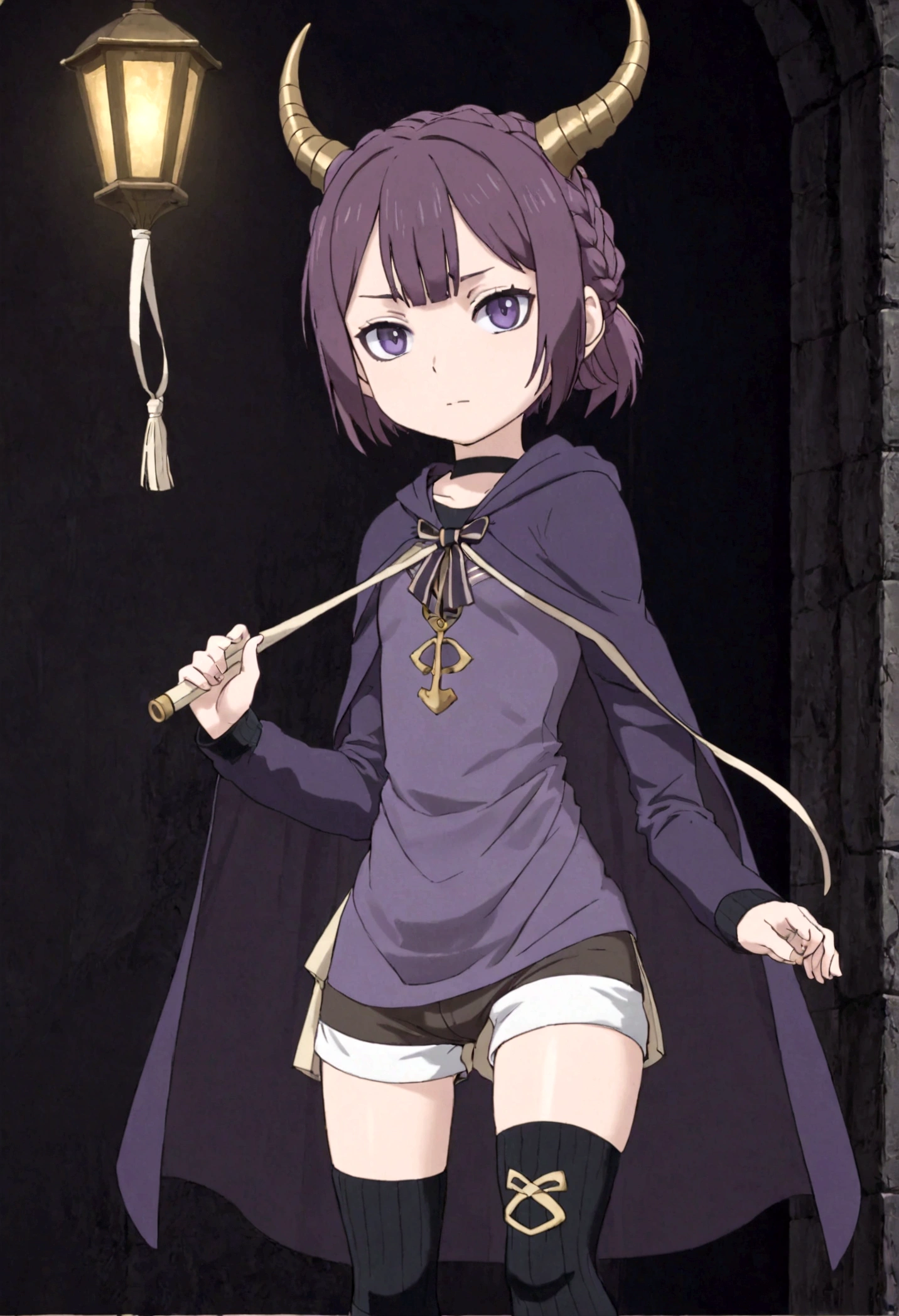 boy with a dark purple electric guitar with gold edging. dark purple hair braided into a ponytail on the left side. sinuous black horns wrapped in dark purple ribbon. pale violet eyes. in short dark purple shorts. long white T-shirt. dark purple knee-high socks. white long cloak with a hood on the inside, dark purple mantle with gold ornaments. stone walls in the depths of the black limit, violet light falls from above from the lamps above the golden gates