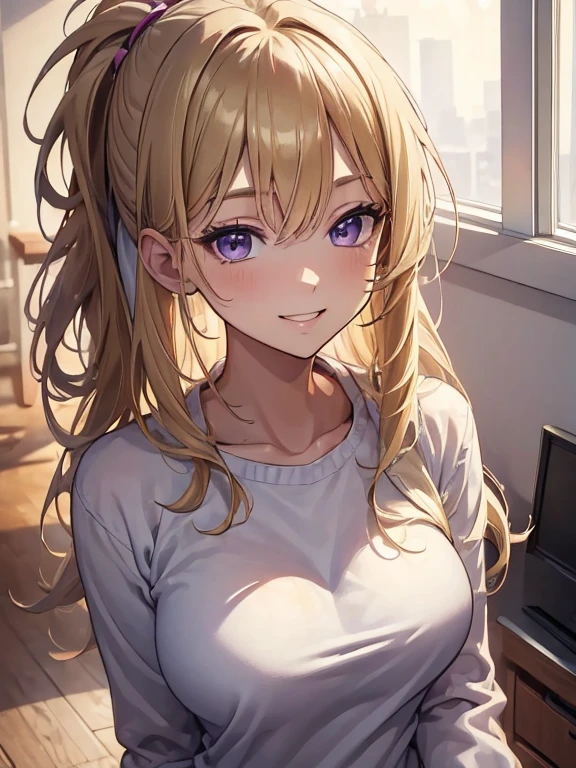 (masterpiece, best quality:1.4), 8k, Close Up, blonde ponytail Hair, Messy Hair, Young adult, anime girl, Smiling, Happy, light purple Eyes, Big chest, red sweater, (detailed eyes and face, sharp pupils, realistic pupils:0.6)