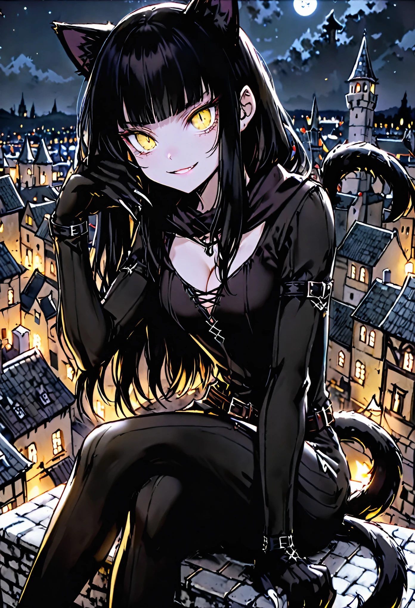 female, sfw, long hair, black hair, straight bangs, black cat ears, black cat tail, furry arms, animal hands, claws, black fur, medieval, cleavage, town, yellow eyes, slit pupils, mischievous smile, light skin, pale skin, rogue, night, thief clothes, on rooftop