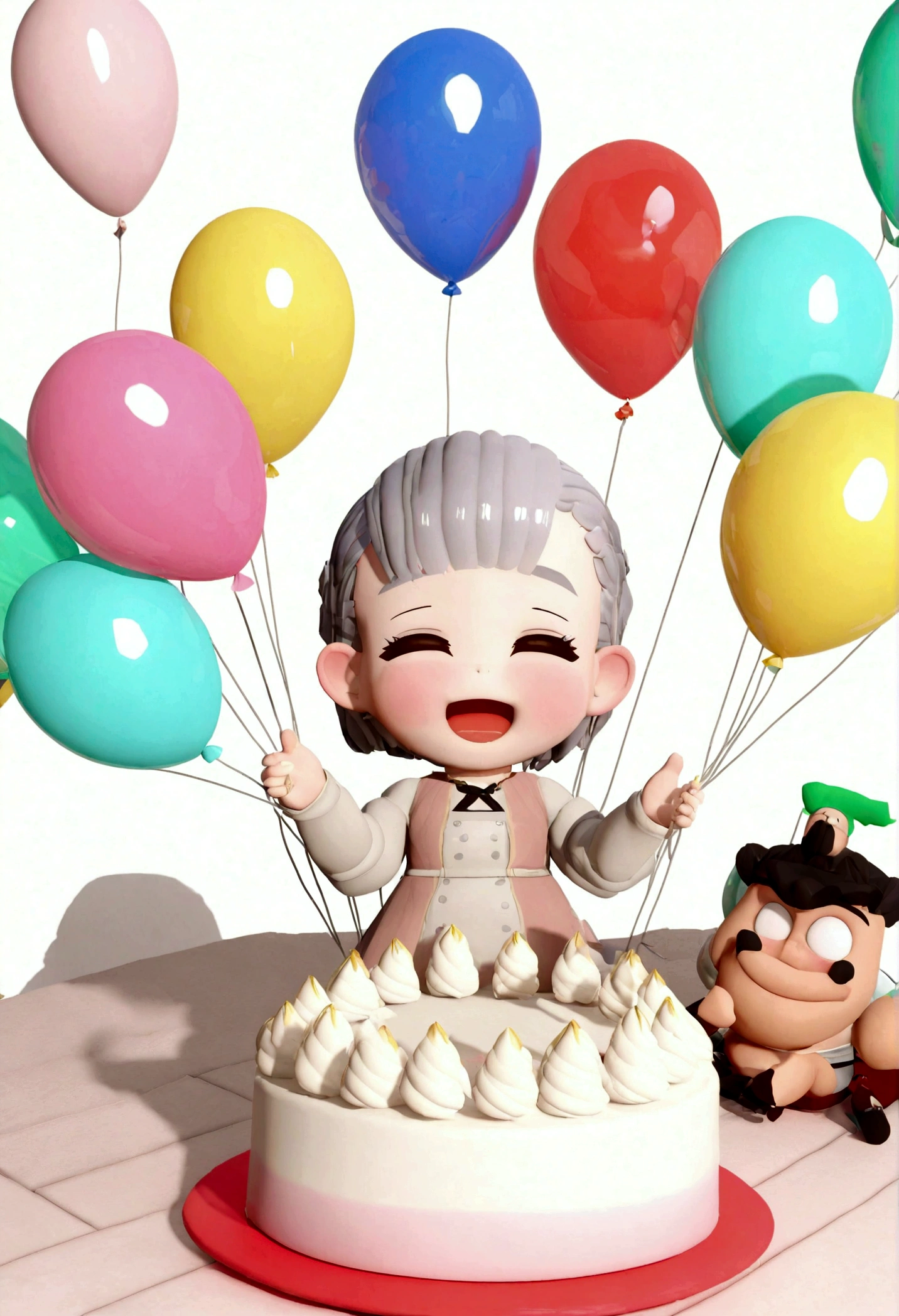 a happy and cute  girl who just turnith short hair, vestindo um vestido branco com bolinhas coloridas, , white background with party balloons and a large number 1 balloon, the baby is sig eating a white cake, Sophia, Estilo Pixar, ....3d, desenhos animados, rosto detalhado