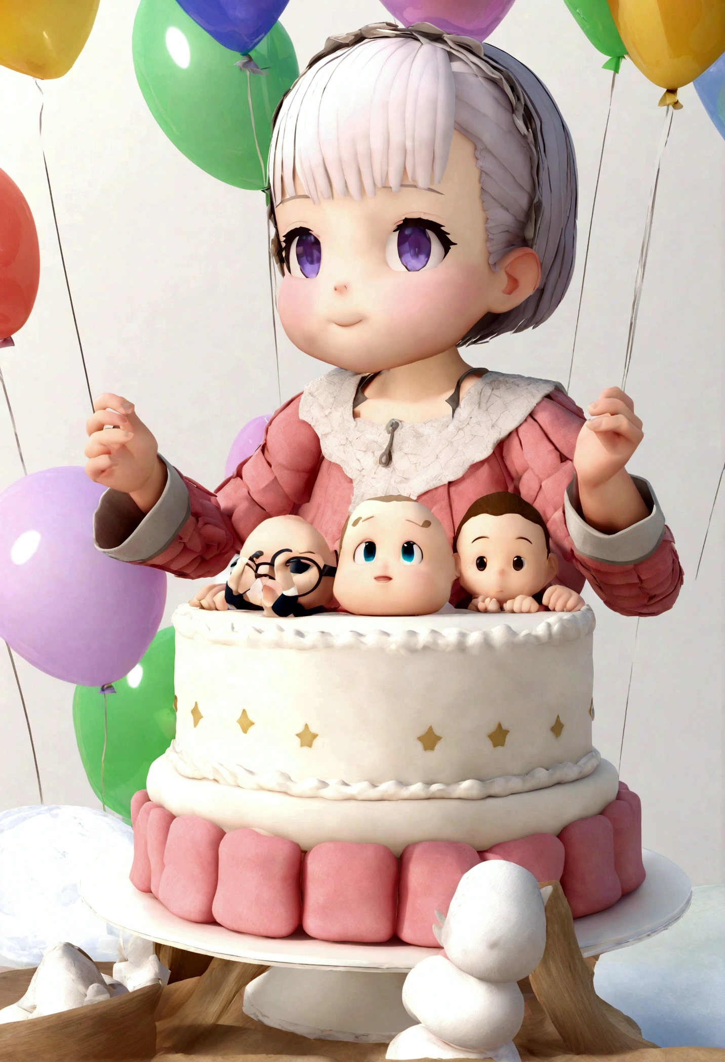 a happy and cute baby girl who just turned 1 with short hair, vestindo um vestido branco com bolinhas coloridas, , white background with party balloons and a large number 1 balloon, the baby is sitting eating a white cake, Sophia, Estilo Pixar, ....3d, desenhos animados, rosto detalhado