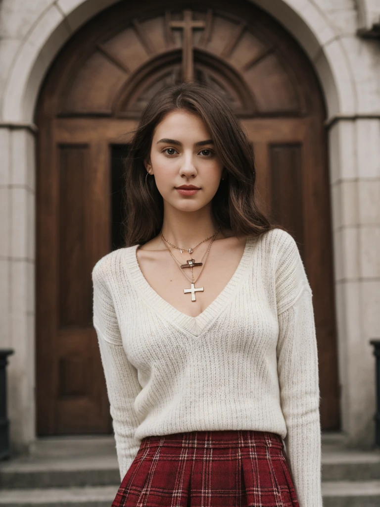 a busty Caucasian girl with long brown hair, wearing a cross necklace, wearing a white low cut sweater and red plaid skirt, (detailed face and eyes:1.4), standing in front of a church