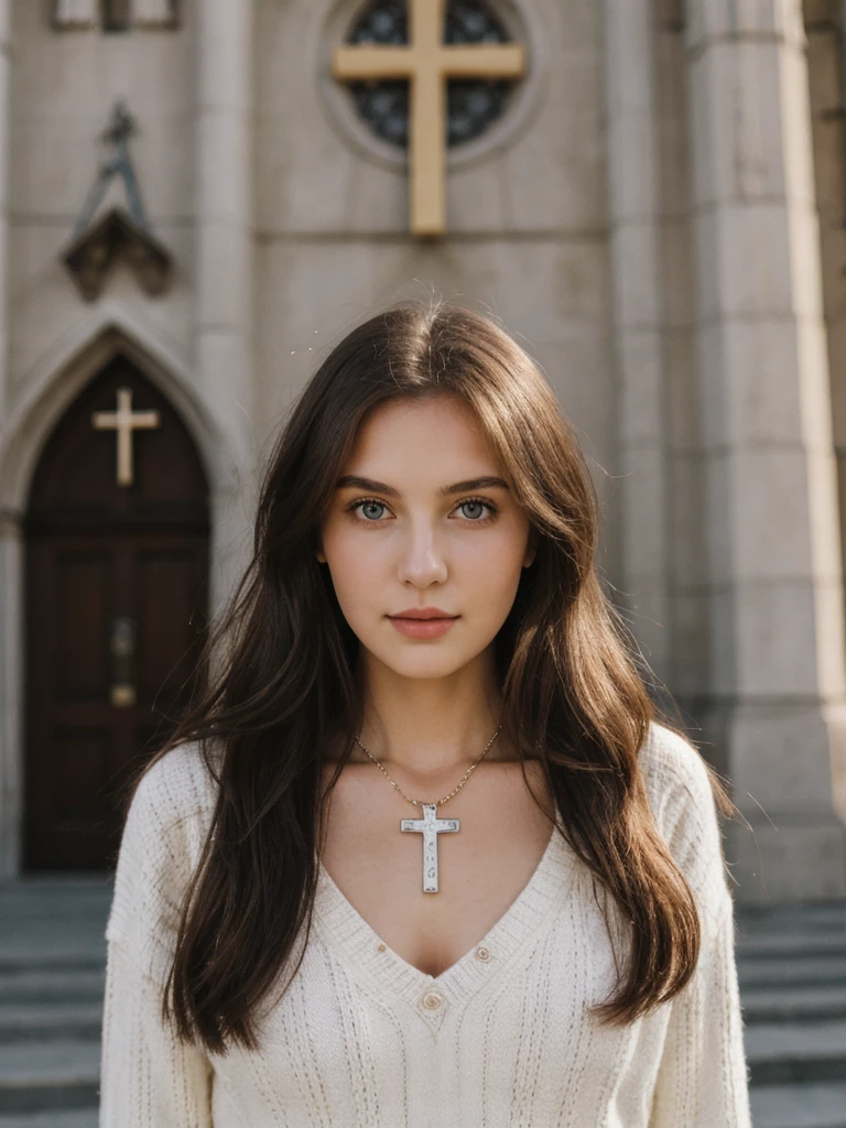 a busty Caucasian girl with long brown hair, wearing a cross necklace, wearing a white low cut sweater and red plaid skirt, (detailed face and eyes:1.4), standing in front of a church