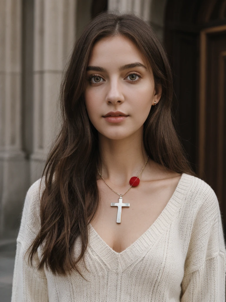 a busty Caucasian girl with long brown hair, wearing a cross necklace, wearing a white low cut sweater and red plaid skirt, (detailed face and eyes:1.4), standing in front of a church