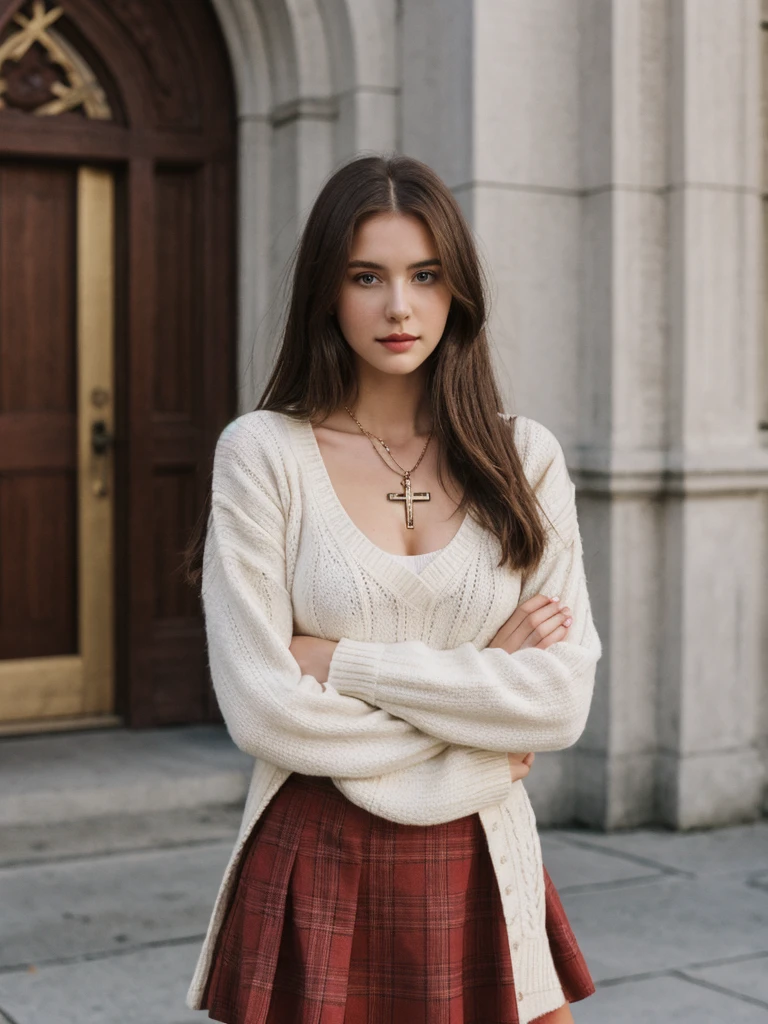 a busty Caucasian girl with long brown hair, wearing a cross necklace, wearing a white low cut sweater and red plaid skirt, (detailed face and eyes:1.4), standing in front of a church