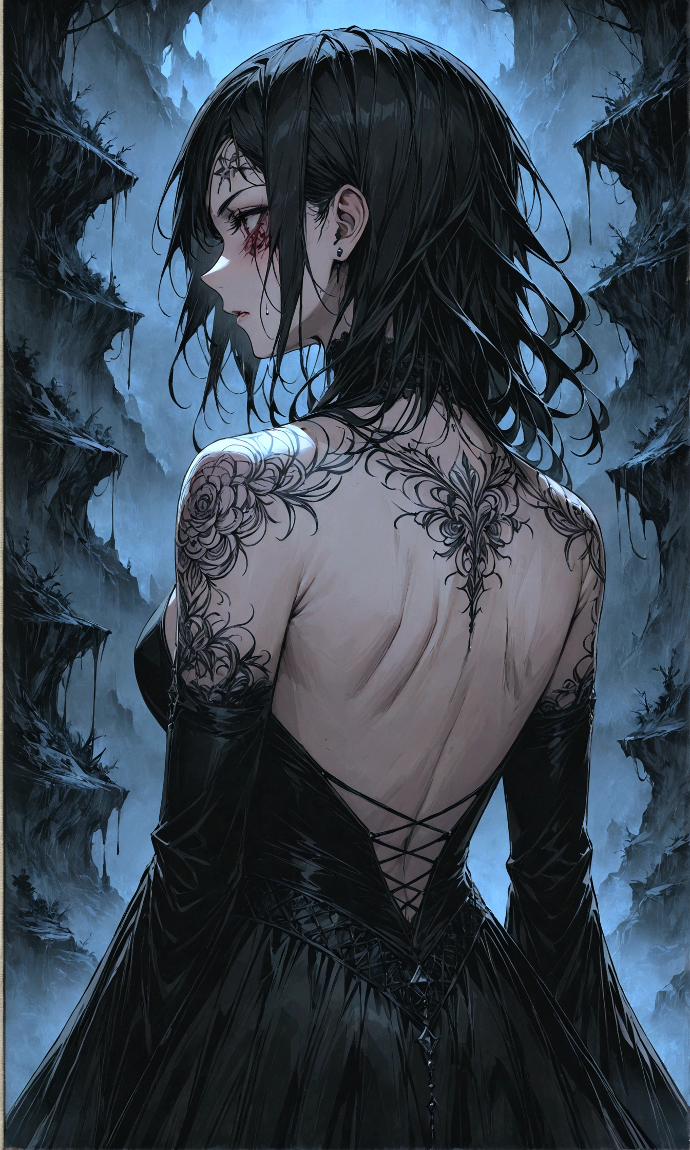 Arafed, Dark fantasy art, fantasy art, goth art, a picture of a ((tattoo: 1.5)) on the back of a female vampire, ((a fanged mouth dripping blood tattoo: 1.5)) (intricate details, best quality, masterpiece: 1.5), on the back of the vampire, the tattoo is vivid, intricate detailed coming to life from the ink to real life, shot taken from the back, ((the back is visible: 1.3), she wears a transparent black dress, bare back, the dress is elegant, flowing, gothic style dress, dynamic hair color, dynamic hair style, dark novel
