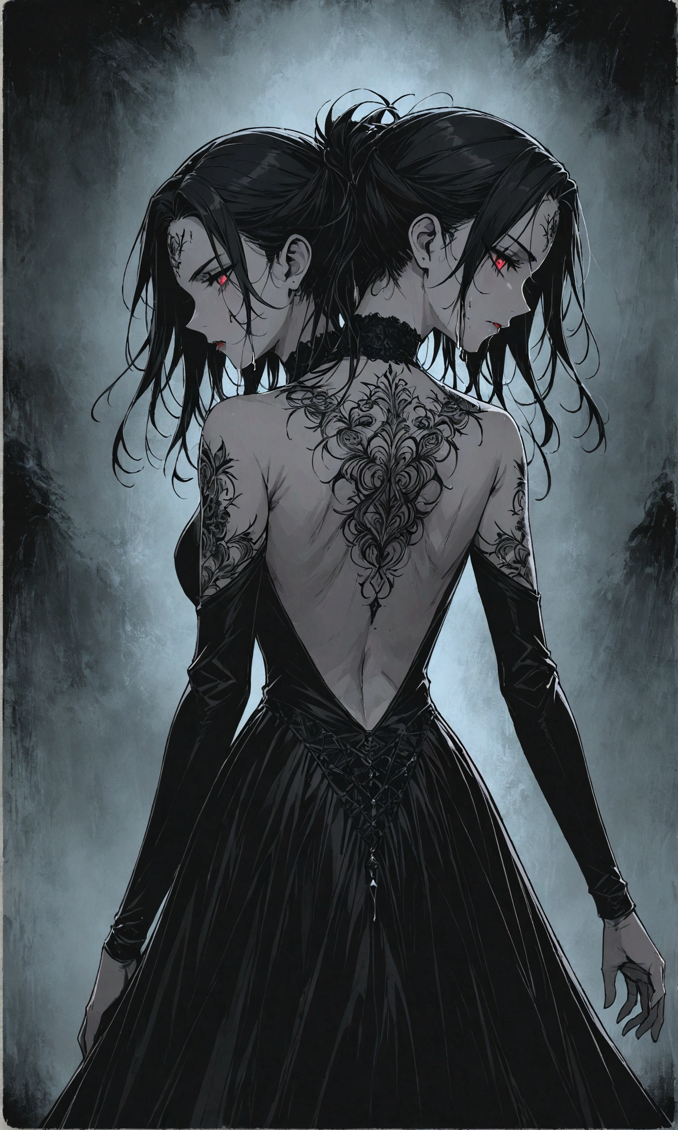 Arafed, Dark fantasy art, fantasy art, goth art, a picture of a ((tattoo: 1.5)) on the back of a female vampire, ((a fanged mouth dripping blood tattoo: 1.5)) (intricate details, best quality, masterpiece: 1.5), on the back of the vampire, the tattoo is vivid, intricate detailed coming to life from the ink to real life, shot taken from the back, ((the back is visible: 1.3), she wears a transparent black dress, bare back, the dress is elegant, flowing, gothic style dress, dynamic hair color, dynamic hair style, dark novel