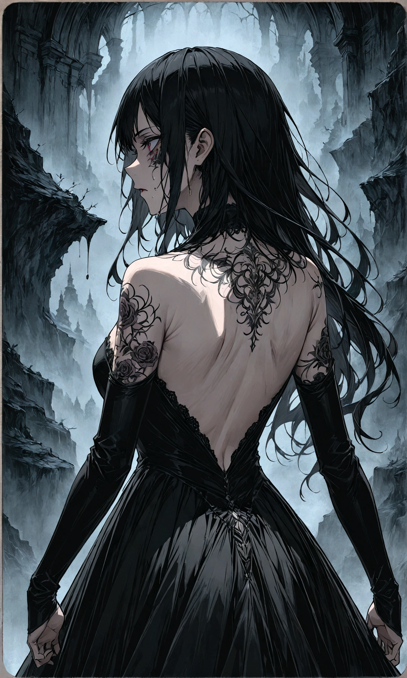 Arafed, Dark fantasy art, fantasy art, goth art, a picture of a ((tattoo: 1.5)) on the back of a female vampire, ((a fanged mouth dripping blood tattoo: 1.5)) (intricate details, best quality, masterpiece: 1.5), on the back of the vampire, the tattoo is vivid, intricate detailed coming to life from the ink to real life, shot taken from the back, ((the back is visible: 1.3), she wears a transparent black dress, bare back, the dress is elegant, flowing, gothic style dress, dynamic hair color, dynamic hair style, dark novel
