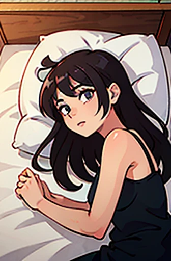 ((best quality)), ((masterpiece)), (detailed), perfect face, brown skin anime woman in a deep V-neck tied top, (bare shoulders), (jeans), (long hair), starving, (resting hands on the stomach), (hands on the stomach)
