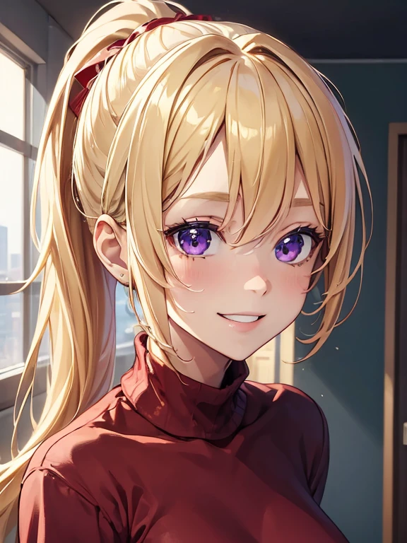 (masterpiece, best quality:1.4), 8k, Close Up, blonde ponytail Hair, Messy Hair, Young adult, anime girl, Smiling, Happy, light purple Eyes, Big chest, red sweater, (detailed eyes and face, sharp pupils, realistic pupils:0.6)