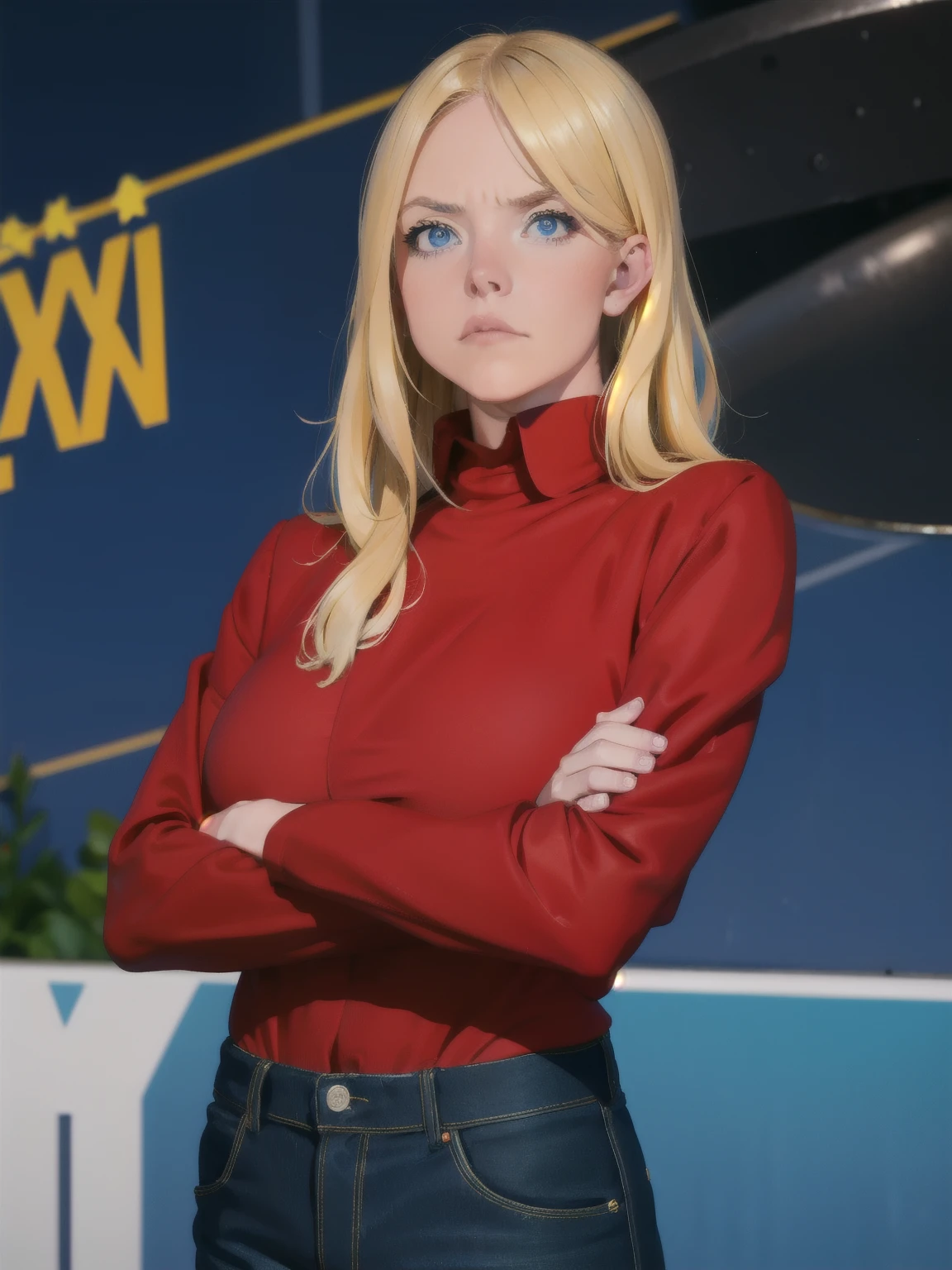 girl standing with her arms crossed, angry face, looking at viewer, judgmental look, black jeans, red shirt, upper body, beautiful, realistic, blonde hair, bright pupils, blue eyes, elon musk in the background, animated