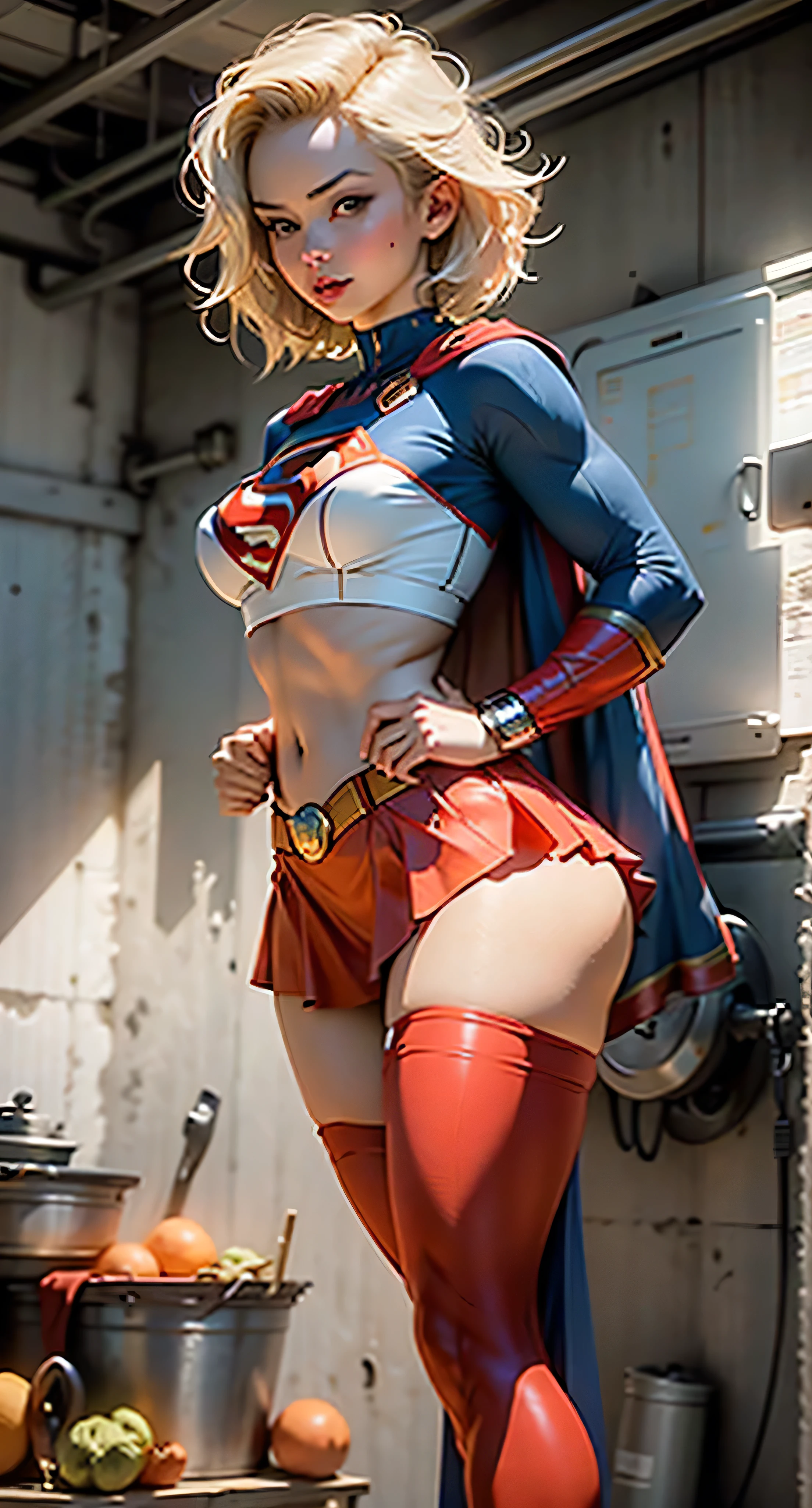 Beautiful woman short hair defined body big breasts, big thighs wearing a Supergirl cosplay