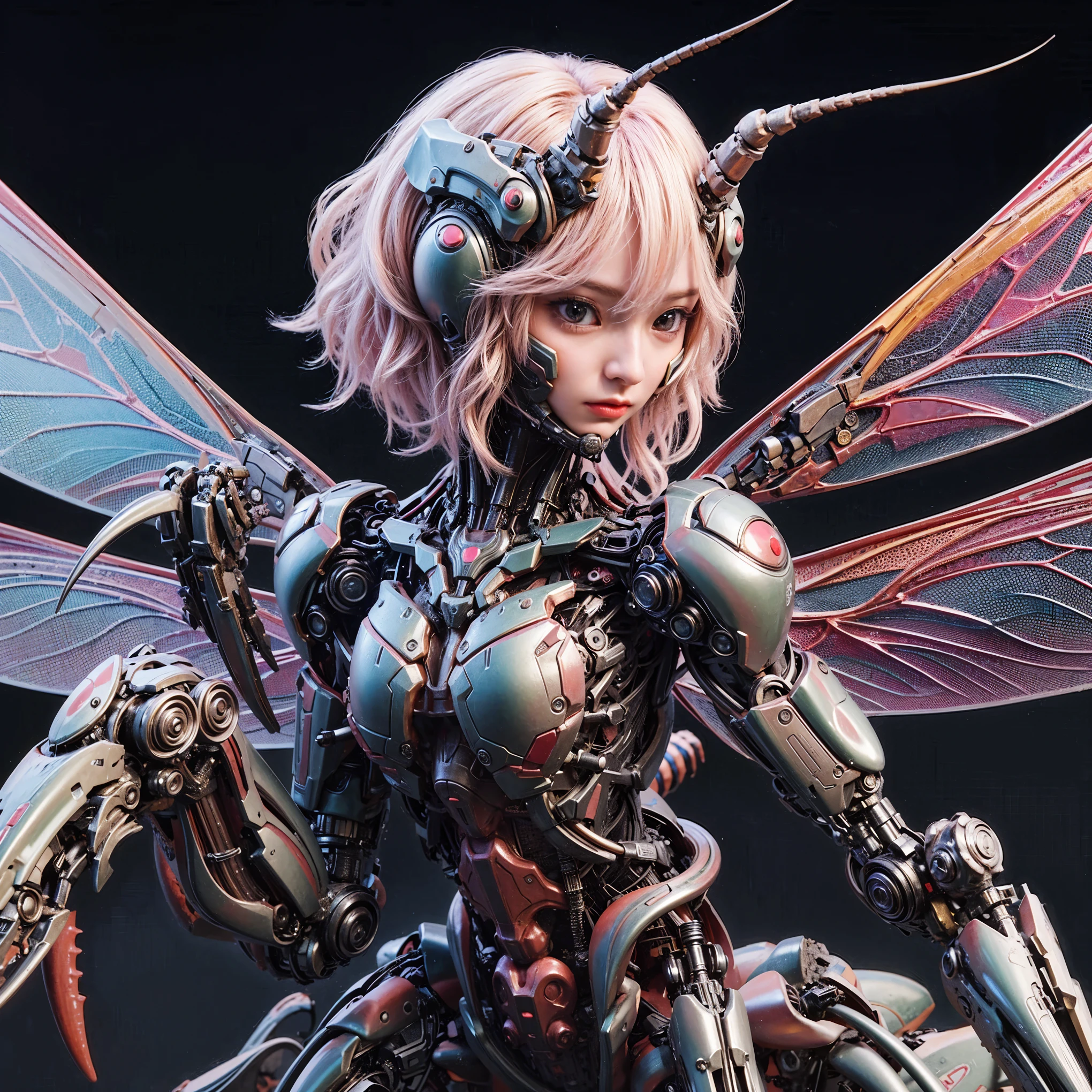 (top-quality:1.2, masterpiece), ultra high res,(Photorealsitic:1.4), (scorpion-like bio animal suit:1.3), heavy weapons,large wings, vivid textures,insect legs, red  hair, glowy skin, fur,japanese girl beautiful face,  ((super realistic intricate details)), full body shot, globalillumination, octan render, ultrasharp, character edge light, Details of complex ornaments, Acrylic Clear Cover, Hydraulic cylinder