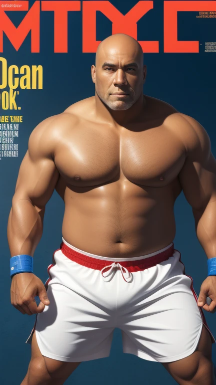 (magazine cover), with text, solo, 1boy, (Huge Muscular Old man as a boxer, wearing boxing gloves , wearing shorts) (short hair, 2tone hair color, two tone hair colors, red and white hair color), pectoral, abnormal muscle size, very big muscle, absurdly muscle size, huge pectoral, wide pectoral, short white hair, short bearded, simple background, masterpiece, high detailed, 8k, high resolution, --style 250, -- v 6.0