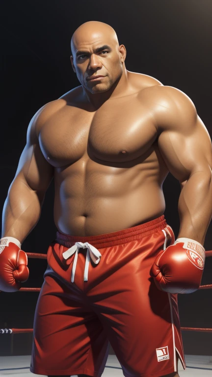 (magazine cover), with text, solo, 1boy, (Huge Muscular Old man as a boxer, wearing boxing gloves , wearing shorts) (short hair, 2tone hair color, two tone hair colors, red and white hair color), pectoral, abnormal muscle size, very big muscle, absurdly muscle size, huge pectoral, wide pectoral, short white hair, short bearded, simple background, masterpiece, high detailed, 8k, high resolution, --style 250, -- v 6.0