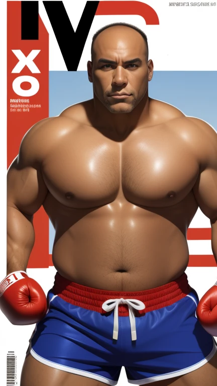 (magazine cover), with text, solo, 1boy, (Huge Muscular Old man as a boxer, wearing boxing gloves , wearing shorts) (short hair, 2tone hair color, two tone hair colors, red and white hair color), pectoral, abnormal muscle size, very big muscle, absurdly muscle size, huge pectoral, wide pectoral, short white hair, short bearded, simple background, masterpiece, high detailed, 8k, high resolution, --style 250, -- v 6.0