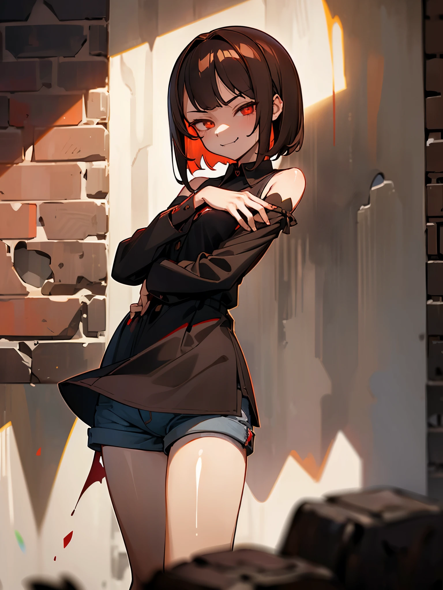 (best quality, detailed drawn hands, accurate fingers, anime hands, masterpiece), (masterpiece, sidelighting, finely detailed red eyes: 1.2), ((best quality)), ((masterpiece)), (highly detailed:1.3), anime, 1girl, solo, , childish body, (stylish long sleeves, black shirt, shirt with bare shoulders), grey denim shorts, pale skin, (shadowed eyes, darkened eyes, red eyes), (visible fang, smirk, mischevious smile), (short-medium hair, brown hair, fancy haircut), red tatto on left hand, scar on cheek, brick wall background, twilights,