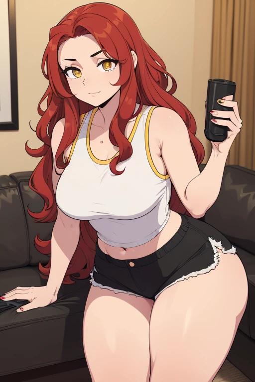 masterpiece, best quality, finely detailed, beautiful and detailed face, beautiful and detailed body, a 24 year old girl, big wavy red hair, yellow eyes, white sleeveless shirt, very short black shorts, black sneakers, thick thighs, standing, ration of happiness , in a living room, Flat colors, detailed texture, detailed face