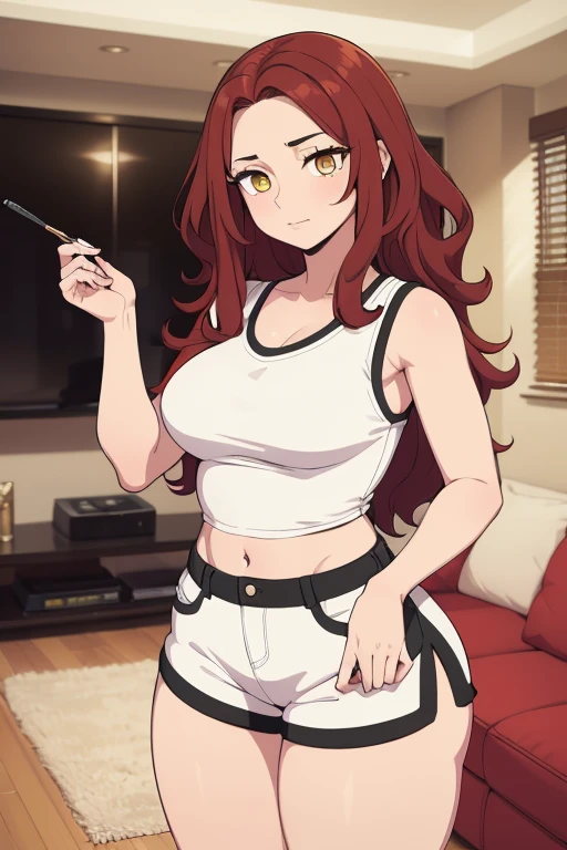 masterpiece, best quality, finely detailed, beautiful and detailed face, beautiful and detailed body, a 24 year old girl, big wavy red hair, yellow eyes, white sleeveless shirt, very short black shorts, black sneakers, thick thighs, standing, ration of happiness , in a living room, Flat colors, detailed texture, detailed face