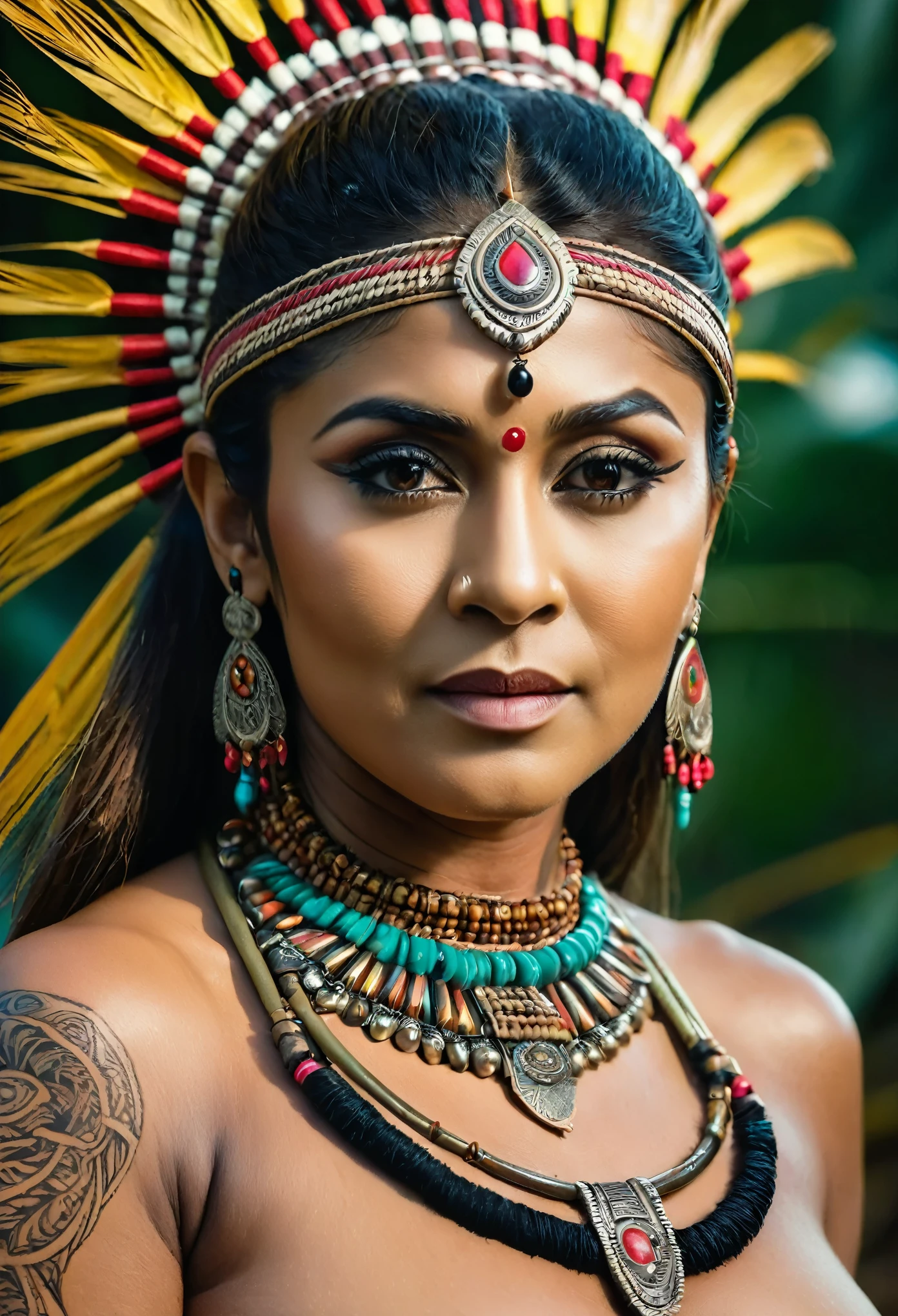 Foto RAW, skin glistening by sweat, looks like Nayanthara, thick figure, curvy, milf, 50 years old Woman, tattoo in the middle of her breast, with realistic Indian headdress , tribal girl, stunning looks, tribal headdress, tattoos, colourful tribal tattoos, tribal white girl, Polynesian tribe, best quality , best cinematic colour grading, detailed lighting,  high resolution  , (pele altamente detalhada: 1.2), 8k UHD, DSLR, soft-lighting, alta qualidade, grain of film, Fujifilm XT3, highly detailed armpits, armpits hair,  fully naked, nipples covered by hai, skin pores, skin texture, high quality skin, 