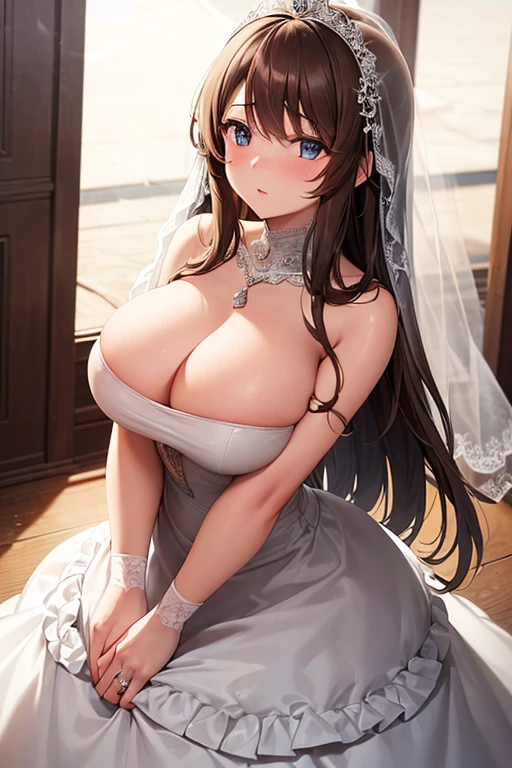 a 20 year old girl with long brown hair (standing) (wedding dress) (touching her breast) (slimeing) (getting married) (keen on the floor) (she looking up to us) (she kissing us) (blushing hard)