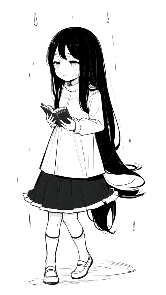 best quality, chibi, 1 girl,Long black hair,(full body), Pure white background,Vivid,clearly,sad face,rain,snow,Are crying,shout,I have a letter,holding a book in hand,Sit down