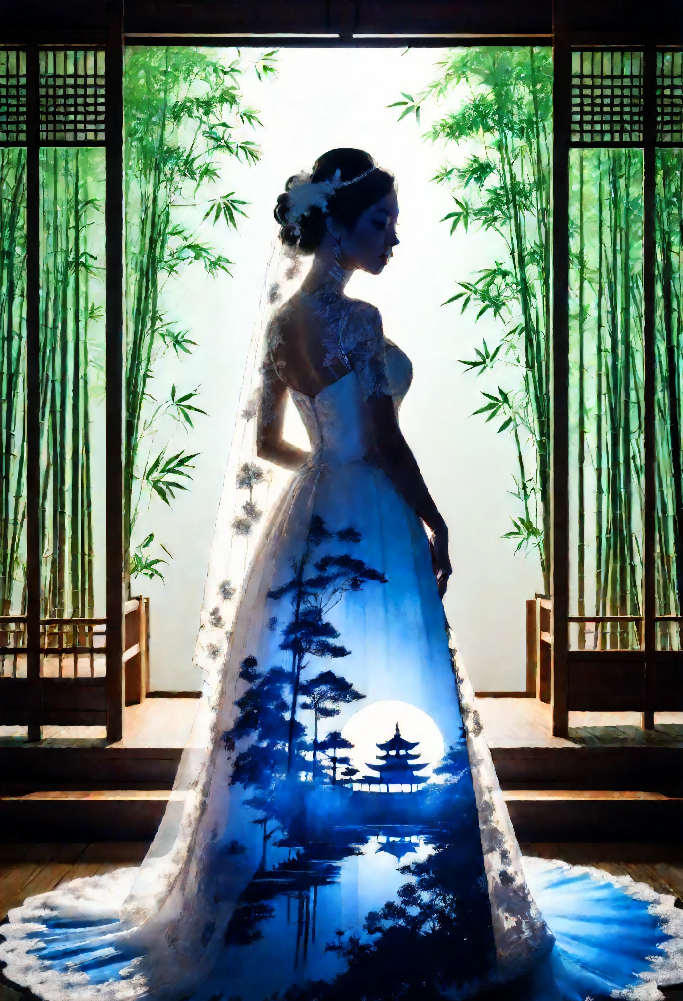 (((silhouette art:1.4))), 1Bride attire, (Double Exposure:1.3), Silhouette of a bride in a wedding dress standing alone at a restaurant wedding overlooking a Japanese garden with a bamboo forest, blue Moon, (Close-up), improve, complex, (best quality, masterpiece, representative work, official art, professional, unified 8k wallpaper:1.3)