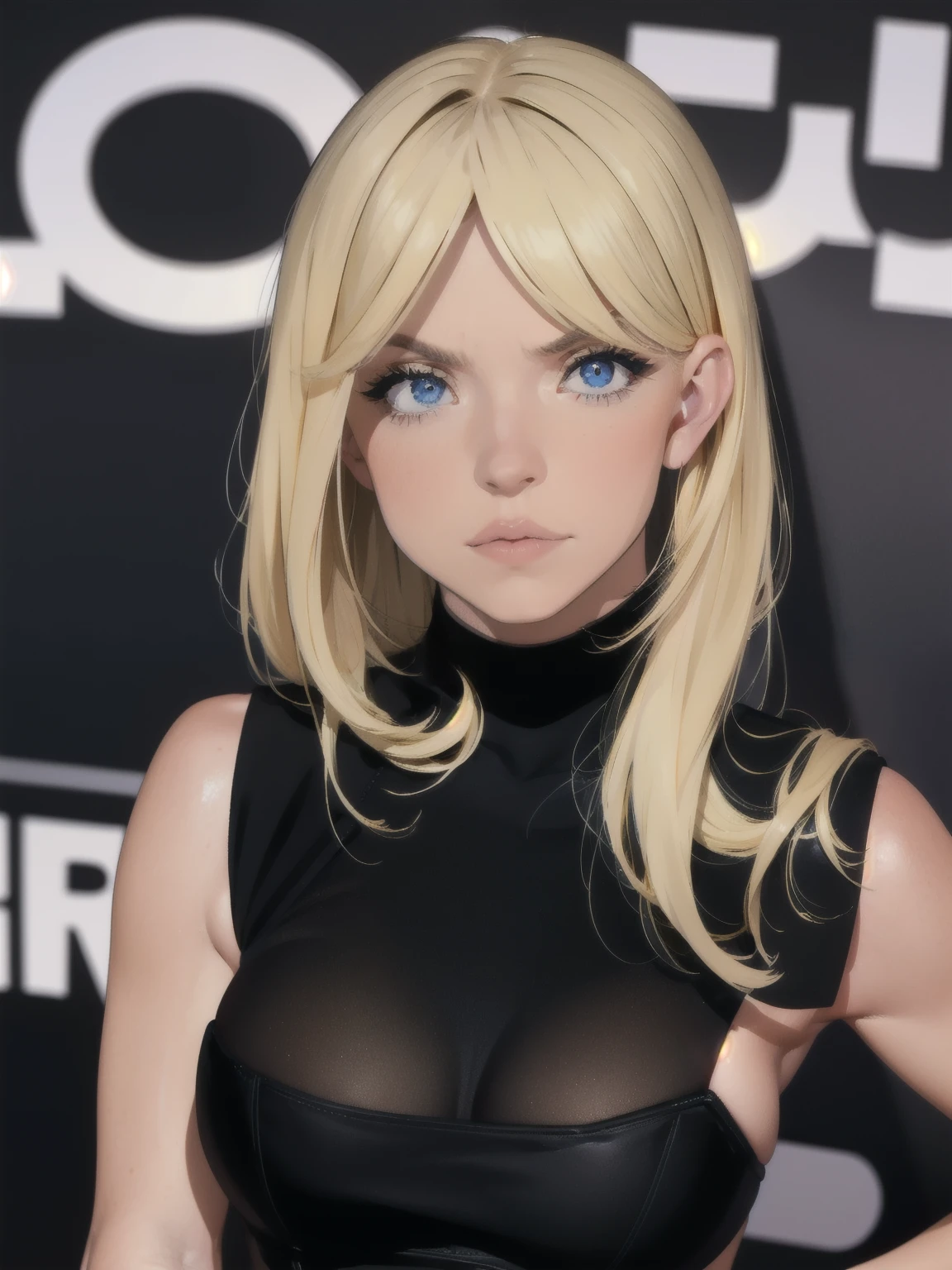 girl pointing a gun at the camera, angry face, looking at viewer, judgmental look, black intricate cocktail dress, secret agent, upper body, beautiful, realistic, blonde hair, bright pupils, blue eyes, animated