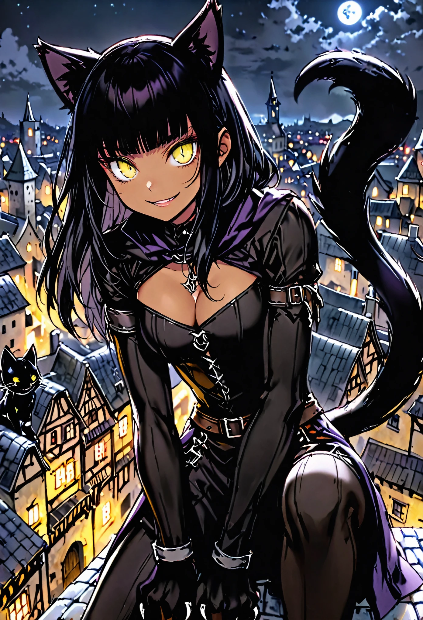 female, sfw, long hair, black hair, straight bangs, black cat ears, black cat tail, furry arms, animal hands, claws, black fur, medieval, cleavage, town, yellow eyes, slit pupils, mischievous smile, light skin, rogue, night, thief clothes, on rooftop