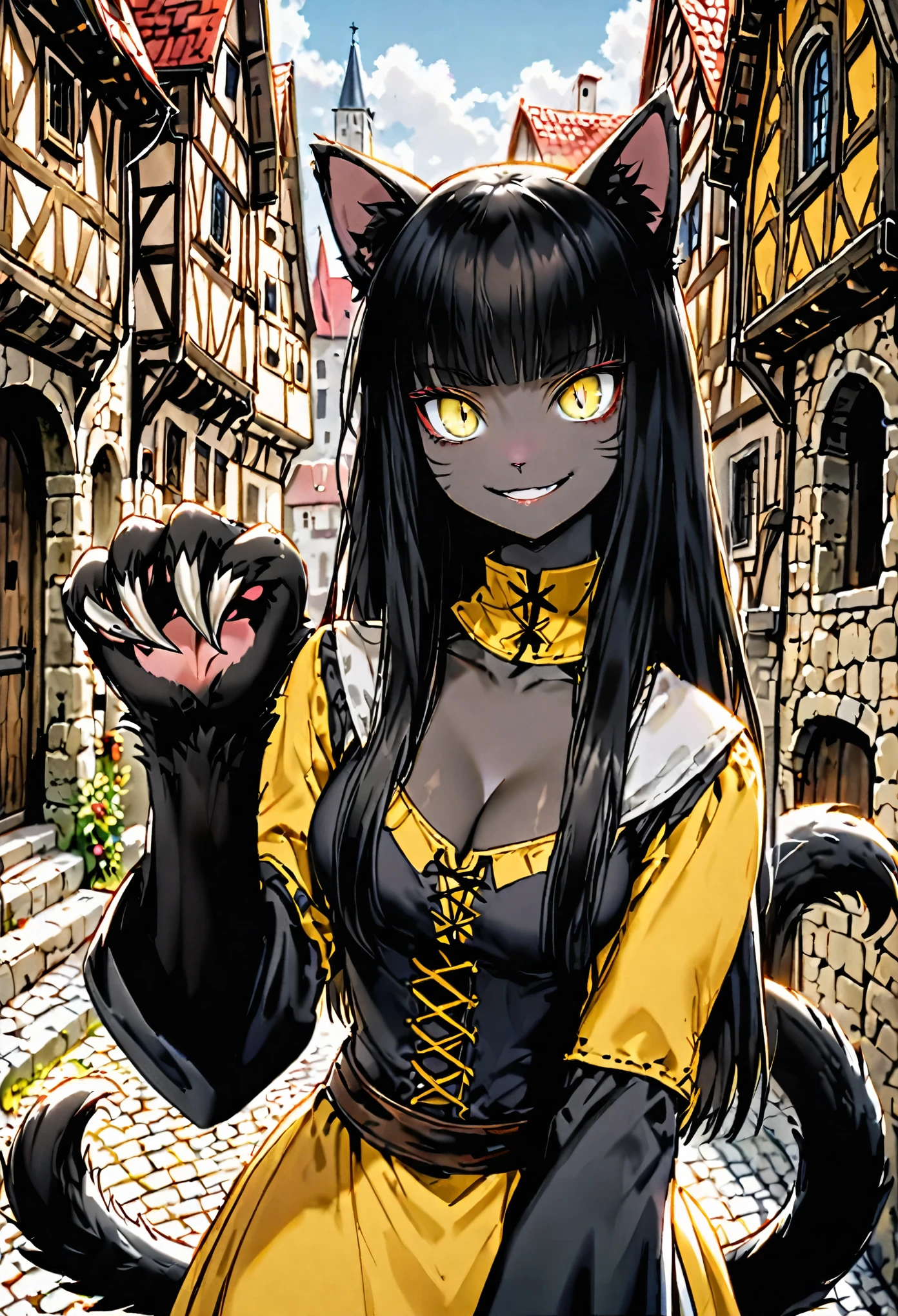female, sfw, long hair, black hair, straight bangs, black cat ears, black cat tail, furry arms, animal hands, claws, black fur, medieval, cleavage, villager clothes, town, yellow eyes, slit pupils, mischievous smile, normal human skin