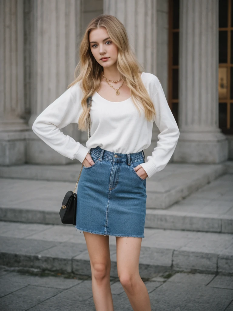 wide angle shot, (((full body))), gorgeous young white woman,21 y.o, sweet face,yellow eyes,downturned eyes,heart shaped lips,straight eyebrows,raised nose,round face,((long shot)) Blonde influencer with natural wavy long hair,Kombiniere klassische Streetwear-Elemente wie Sneaker, jeans with high-quality accessories such as a designer handbag or a luxury watch, um einen modernen und dennoch edlen Look zu kreieren, extravagant , 8k, extremely detailed, Fotorealistisch, komplizierte Details, realistische Hauttextur, realistische Haare, Textur, Cheerful, 8k uhd, Best quality, high resolution, Detailgenauigkeit, very big breasts, long shot, weitwinkel, Ukrainian Woman wearing a cross necklace, wearing a white low cut sweater and red plaid skirt, (detailed face and eyes:1.4), standing in front of a church,flash,flashlight,Extremely Realistic